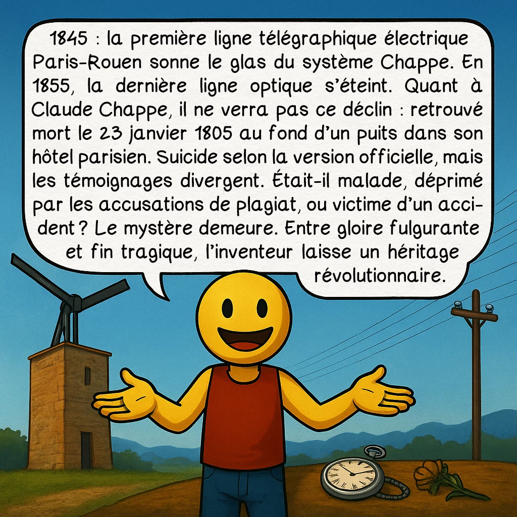 Le télégraphe Chappe, case 8 : 1845 : la première ligne télégraphique électrique Paris-Rouen sonne le glas du système Chappe. En 1855, la dernière ligne optique s’éteint. Quant à Claude Chappe, il ne verra pas ce déclin : retrouvé mort le 23 janvier 1805 au fond d’un puits dans son hôtel parisien. Suicide selon la version officielle, mais les témoignages divergent. Était-il malade, déprimé par les accusations de plagiat, ou victime d’un accident ? Le mystère demeure. Entre gloire fulgurante et fin tragique, l’inventeur laisse un héritage révolutionnaire.