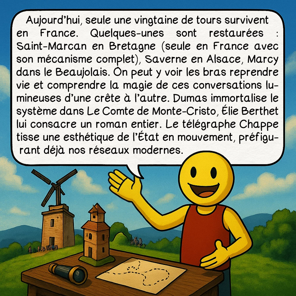 Le télégraphe Chappe, case 9 : Aujourd’hui, seule une vingtaine de tours survivent en France. Quelques-unes sont restaurées : Saint-Marcan en Bretagne (seule en France avec son mécanisme complet), Saverne en Alsace, Marcy dans le Beaujolais. On peut y voir les bras reprendre vie et comprendre la magie de ces conversations lumineuses d’une crête à l’autre. Dumas immortalise le système dans Le Comte de Monte-Cristo, Élie Berthet lui consacre un roman entier. Le télégraphe Chappe tisse une esthétique de l’État en mouvement, préfigurant déjà nos réseaux modernes.