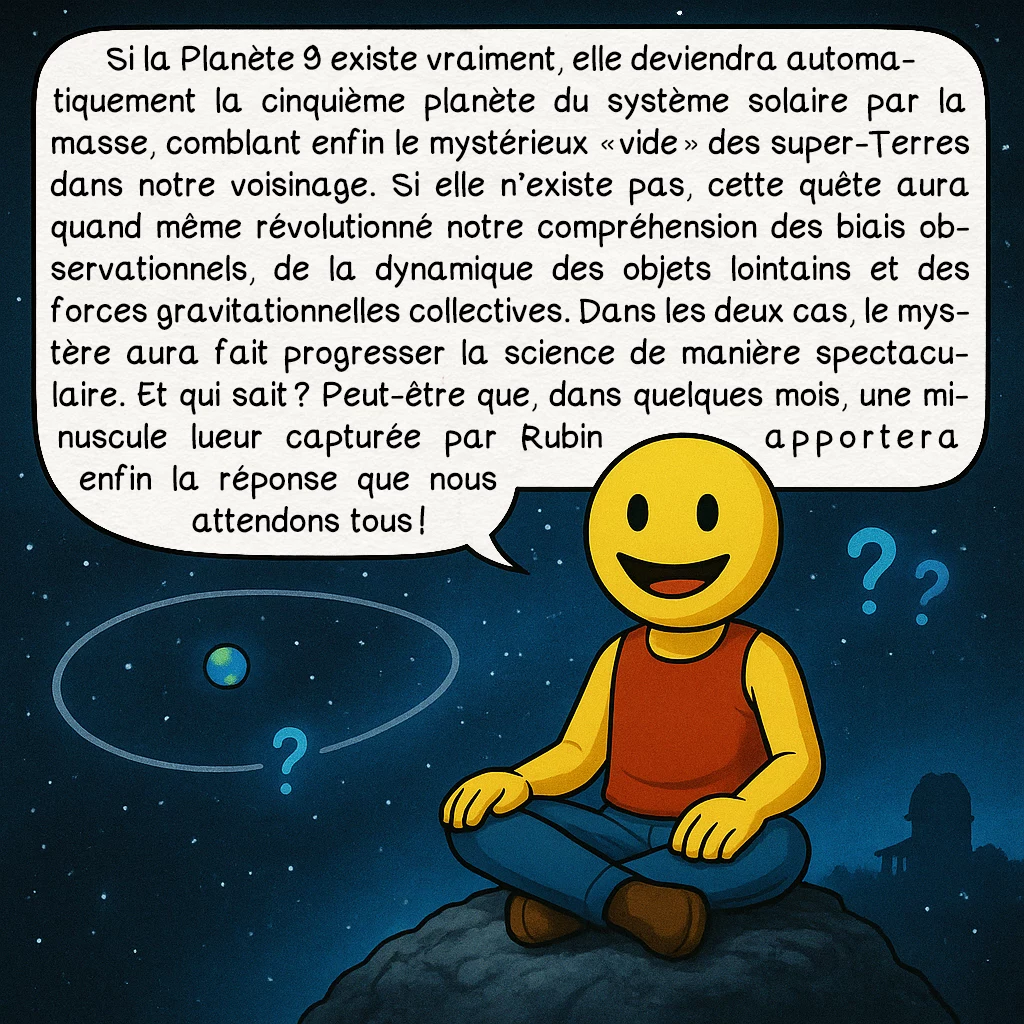 La planète 9, case 10 : Si la Planète 9 existe vraiment, elle deviendra automatiquement la cinquième planète du système solaire par la masse, comblant enfin le mystérieux « vide » des super-Terres dans notre voisinage. Si elle n’existe pas, cette quête aura quand même révolutionné notre compréhension des biais observationnels, de la dynamique des objets lointains et des forces gravitationnelles collectives. Dans les deux cas, le mystère aura fait progresser la science de manière spectaculaire. Et qui sait ? Peut-être que, dans quelques mois, une minuscule lueur capturée par Rubin apportera enfin la réponse que nous attendons tous !
