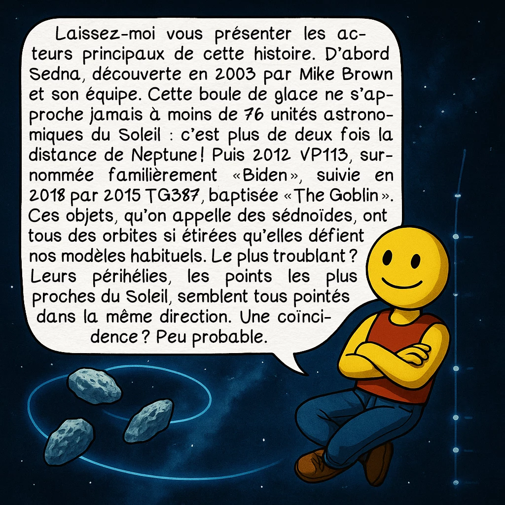 La planète 9, case 2 : Laissez-moi vous présenter les acteurs principaux de cette histoire. D’abord Sedna, découverte en 2003 par Mike Brown et son équipe. Cette boule de glace ne s’approche jamais à moins de 76 unités astronomiques du Soleil : c’est plus de deux fois la distance de Neptune ! Puis 2012 VP113, surnommée familièrement « Biden », suivie en 2018 par 2015 TG387, baptisée « The Goblin ». Ces objets, qu’on appelle des sédnoïdes, ont tous des orbites si étirées qu’elles défient nos modèles habituels. Le plus troublant ? Leurs périhélies, les points les plus proches du Soleil, semblent tous pointés dans la même direction. Une coïncidence ? Peu probable.