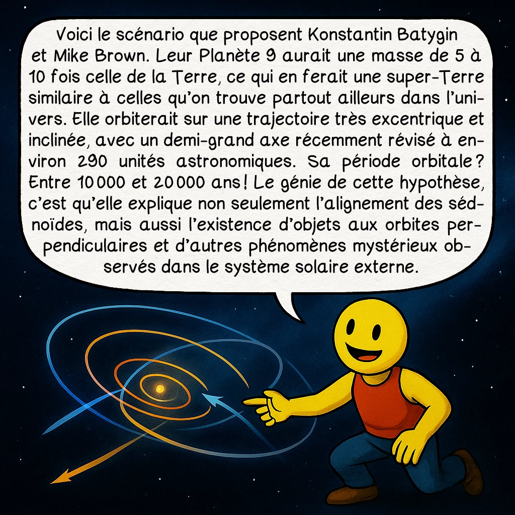 La planète 9, case 3 : Voici le scénario que proposent Konstantin Batygin et Mike Brown. Leur Planète 9 aurait une masse de 5 à 10 fois celle de la Terre, ce qui en ferait une super-Terre similaire à celles qu’on trouve partout ailleurs dans l’univers. Elle orbiterait sur une trajectoire très excentrique et inclinée, avec un demi-grand axe récemment révisé à environ 290 unités astronomiques. Sa période orbitale ? Entre 10 000 et 20 000 ans ! Le génie de cette hypothèse, c’est qu’elle explique non seulement l’alignement des sédnoïdes, mais aussi l’existence d’objets aux orbites perpendiculaires et d’autres phénomènes mystérieux observés dans le système solaire externe.