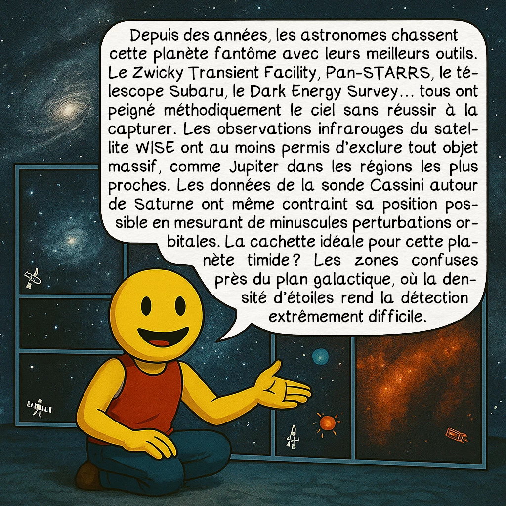 La planète 9, case 4 : Depuis des années, les astronomes chassent cette planète fantôme avec leurs meilleurs outils. Le Zwicky Transient Facility, Pan-STARRS, le télescope Subaru, le Dark Energy Survey… tous ont peigné méthodiquement le ciel sans réussir à la capturer. Les observations infrarouges du satellite WISE ont au moins permis d’exclure tout objet massif, comme Jupiter dans les régions les plus proches. Les données de la sonde Cassini autour de Saturne ont même contraint sa position possible en mesurant de minuscules perturbations orbitales. La cachette idéale pour cette planète timide ? Les zones confuses près du plan galactique, où la densité d’étoiles rend la détection extrêmement difficile.