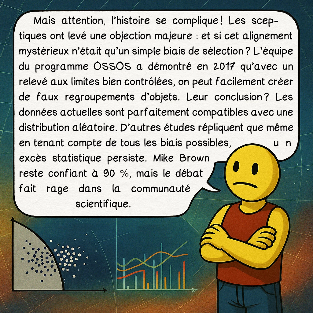 La planète 9, case 5 : Mais attention, l’histoire se complique ! Les sceptiques ont levé une objection majeure : et si cet alignement mystérieux n’était qu’un simple biais de sélection ? L’équipe du programme OSSOS a démontré en 2017 qu’avec un relevé aux limites bien contrôlées, on peut facilement créer de faux regroupements d’objets. Leur conclusion ? Les données actuelles sont parfaitement compatibles avec une distribution aléatoire. D’autres études répliquent que même en tenant compte de tous les biais possibles, un excès statistique persiste. Mike Brown reste confiant à 90 %, mais le débat fait rage dans la communauté scientifique.