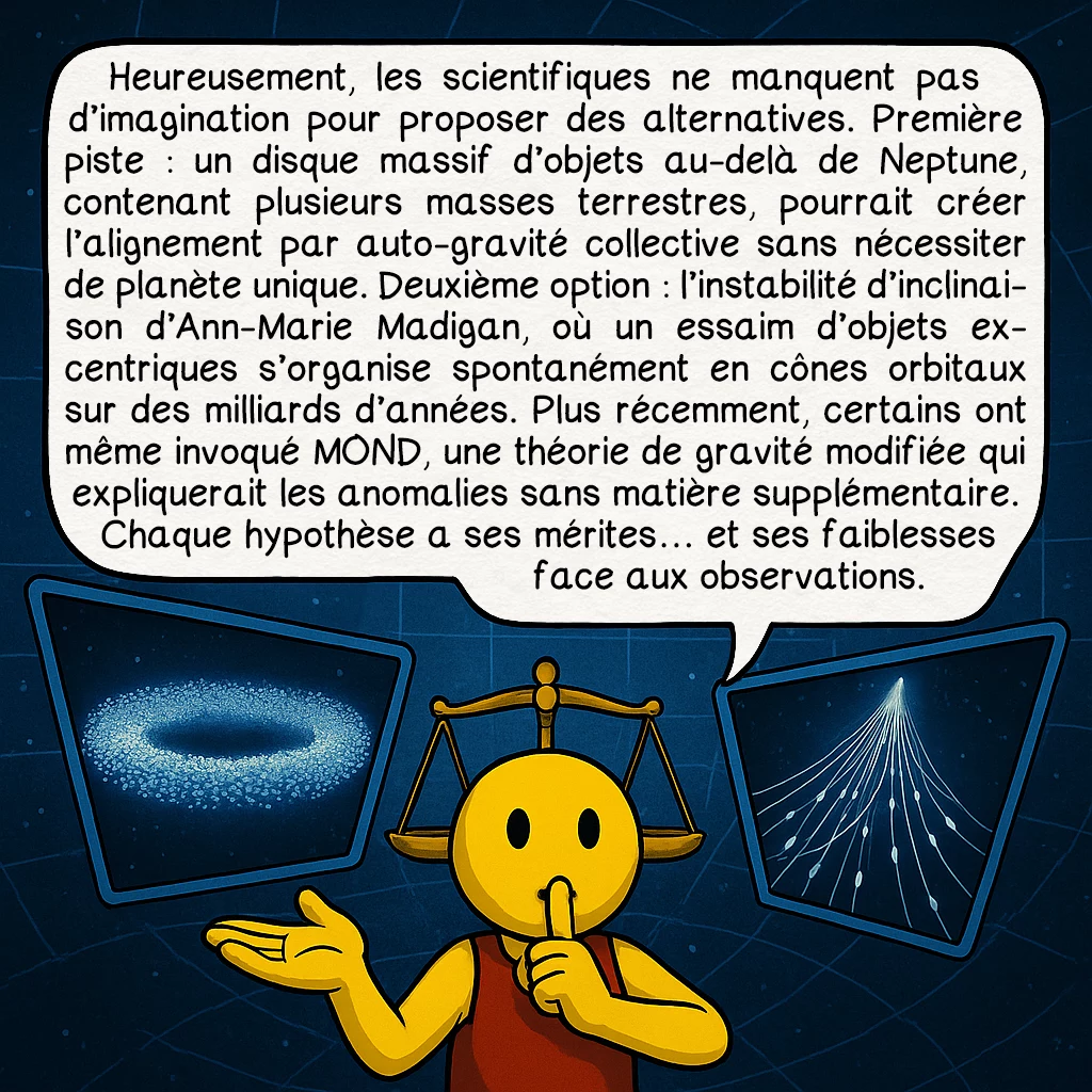 La planète 9, case 6 : Heureusement, les scientifiques ne manquent pas d’imagination pour proposer des alternatives. Première piste : un disque massif d’objets au-delà de Neptune, contenant plusieurs masses terrestres, pourrait créer l’alignement par auto-gravité collective sans nécessiter de planète unique. Deuxième option : l’instabilité d’inclinaison d’Ann-Marie Madigan, où un essaim d’objets excentriques s’organise spontanément en cônes orbitaux sur des milliards d’années. Plus récemment, certains ont même invoqué MOND, une théorie de gravité modifiée qui expliquerait les anomalies sans matière supplémentaire. Chaque hypothèse a ses mérites… et ses faiblesses face aux observations.