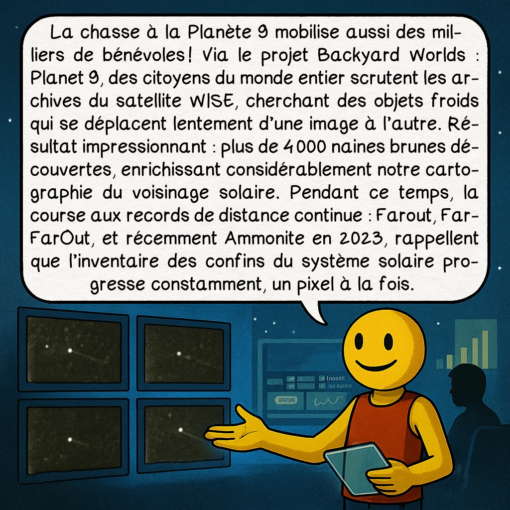 La planète 9, case 8 : La chasse à la Planète 9 mobilise aussi des milliers de bénévoles ! Via le projet Backyard Worlds : Planet 9, des citoyens du monde entier scrutent les archives du satellite WISE, cherchant des objets froids qui se déplacent lentement d’une image à l’autre. Résultat impressionnant : plus de 4 000 naines brunes découvertes, enrichissant considérablement notre cartographie du voisinage solaire. Pendant ce temps, la course aux records de distance continue : Farout, FarFarOut, et récemment Ammonite en 2023, rappellent que l’inventaire des confins du système solaire progresse constamment, un pixel à la fois.