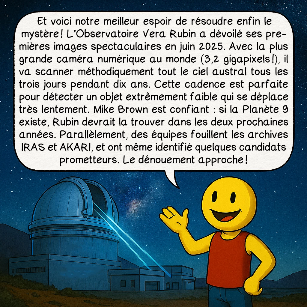 La planète 9, case 9 : Et voici notre meilleur espoir de résoudre enfin le mystère ! L’Observatoire Vera Rubin a dévoilé ses premières images spectaculaires en juin 2025. Avec la plus grande caméra numérique au monde (3,2 gigapixels !), il va scanner méthodiquement tout le ciel austral tous les trois jours pendant dix ans. Cette cadence est parfaite pour détecter un objet extrêmement faible qui se déplace très lentement. Mike Brown est confiant : si la Planète 9 existe, Rubin devrait la trouver dans les deux prochaines années. Parallèlement, des équipes fouillent les archives IRAS et AKARI, et ont même identifié quelques candidats prometteurs. Le dénouement approche !