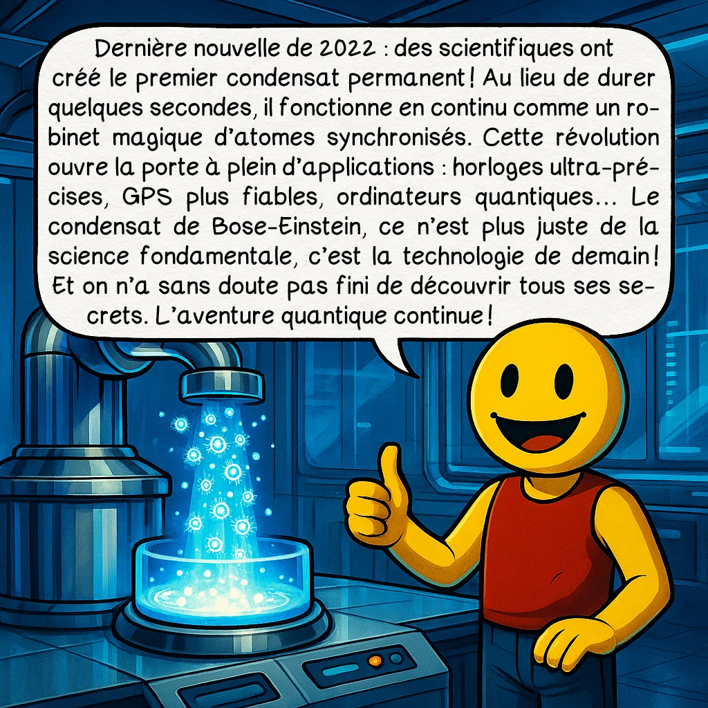 Le condensat de Bose-Einstein, case 10 : Dernière nouvelle de 2022 : des scientifiques ont créé le premier condensat permanent ! Au lieu de durer quelques secondes, il fonctionne en continu comme un robinet magique d’atomes synchronisés. Cette révolution ouvre la porte à plein d’applications : horloges ultra-précises, GPS plus fiables, ordinateurs quantiques… Le condensat de Bose-Einstein, ce n’est plus juste de la science fondamentale, c’est la technologie de demain ! Et on n’a sans doute pas fini de découvrir tous ses secrets. L’aventure quantique continue !