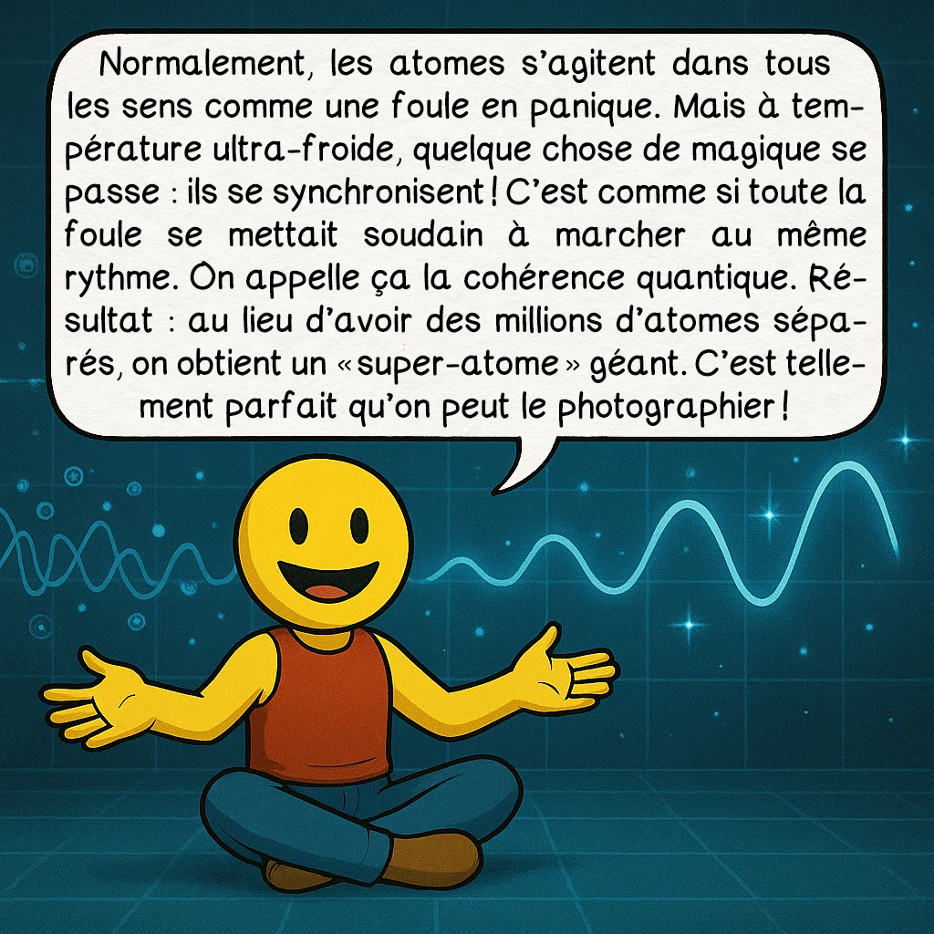 Le condensat de Bose-Einstein, case 2 : Normalement, les atomes s’agitent dans tous les sens comme une foule en panique. Mais à température ultra-froide, quelque chose de magique se passe : ils se synchronisent ! C’est comme si toute la foule se mettait soudain à marcher au même rythme. On appelle ça la cohérence quantique. Résultat : au lieu d’avoir des millions d’atomes séparés, on obtient un « super-atome » géant. C’est tellement parfait qu’on peut le photographier !