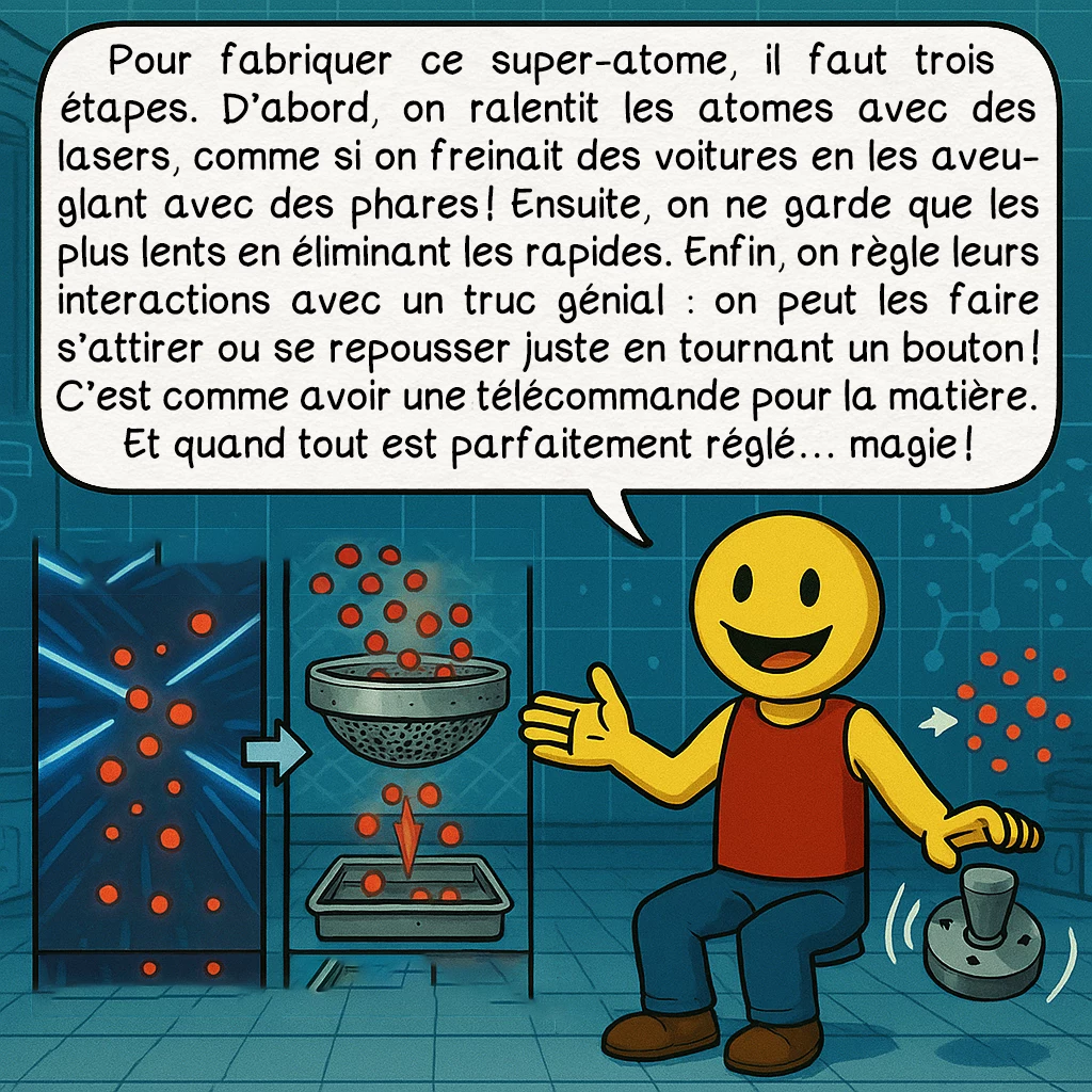 Le condensat de Bose-Einstein, case 3 : Pour fabriquer ce super-atome, il faut trois étapes. D’abord, on ralentit les atomes avec des lasers, comme si on freinait des voitures en les aveuglant avec des phares ! Ensuite, on ne garde que les plus lents en éliminant les rapides. Enfin, on règle leurs interactions avec un truc génial : on peut les faire s’attirer ou se repousser juste en tournant un bouton ! C’est comme avoir une télécommande pour la matière. Et quand tout est parfaitement réglé… magie !
