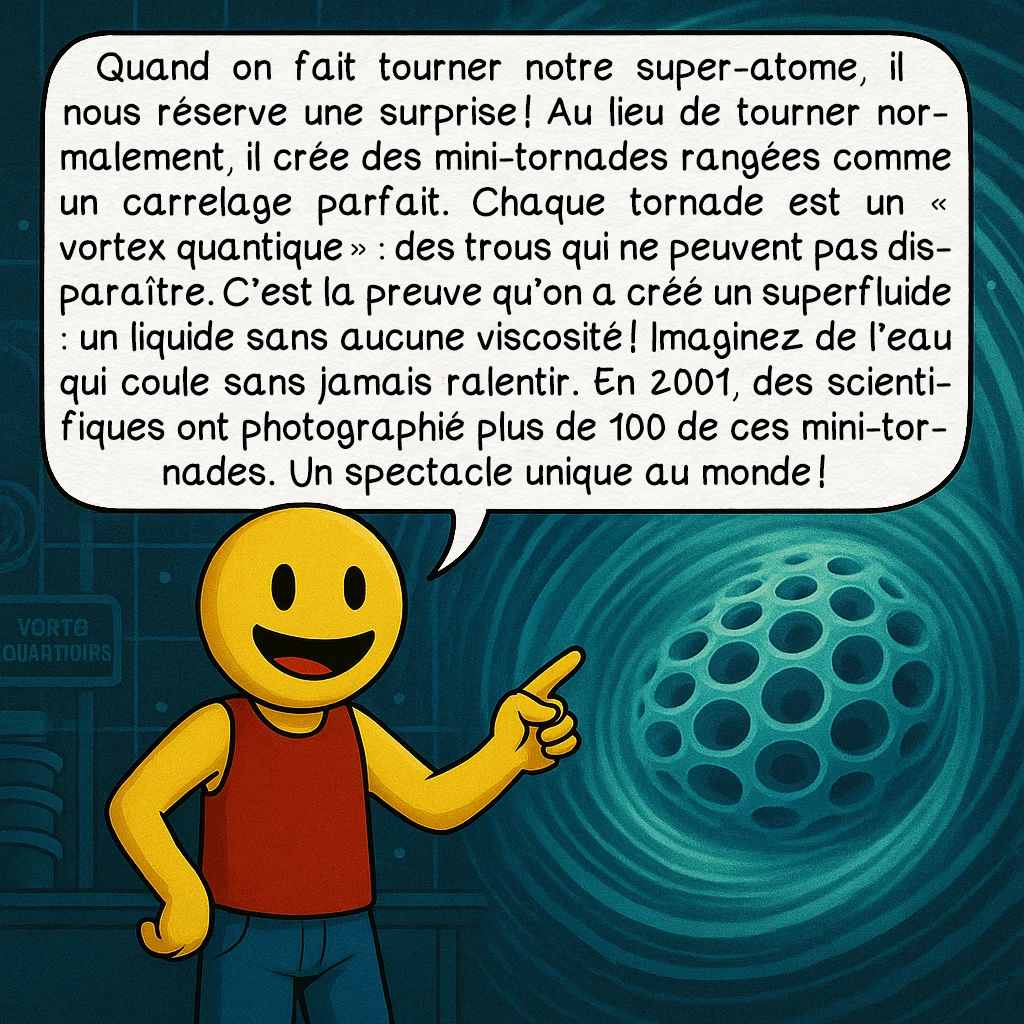 Le condensat de Bose-Einstein, case 4 : Quand on fait tourner notre super-atome, il nous réserve une surprise ! Au lieu de tourner normalement, il crée des mini-tornades rangées comme un carrelage parfait. Chaque tornade est un « vortex quantique » : des trous qui ne peuvent pas disparaître. C’est la preuve qu’on a créé un superfluide : un liquide sans aucune viscosité ! Imaginez de l’eau qui coule sans jamais ralentir. En 2001, des scientifiques ont photographié plus de 100 de ces mini-tornades. Un spectacle unique au monde !