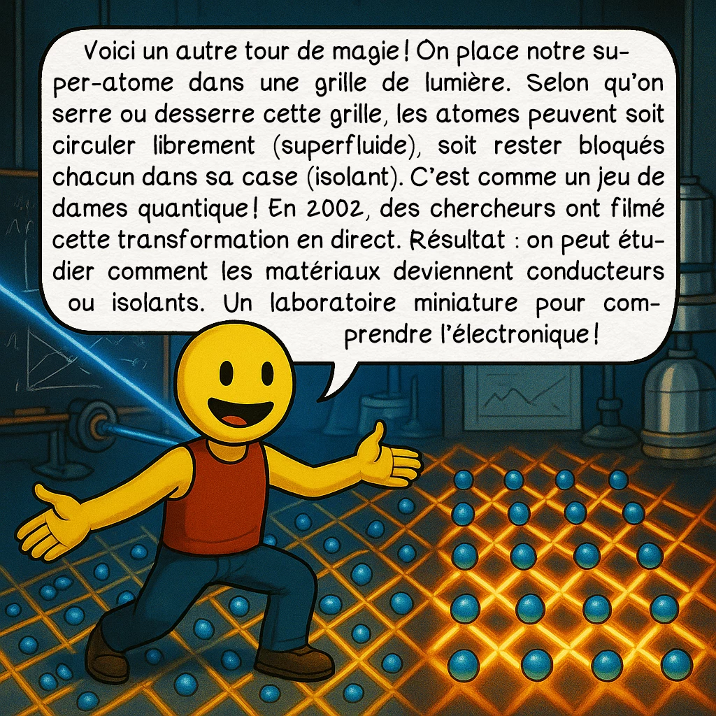 Le condensat de Bose-Einstein, case 6 : Voici un autre tour de magie ! On place notre super-atome dans une grille de lumière. Selon qu’on serre ou desserre cette grille, les atomes peuvent soit circuler librement (superfluide), soit rester bloqués chacun dans sa case (isolant). C’est comme un jeu de dames quantique ! En 2002, des chercheurs ont filmé cette transformation en direct. Résultat : on peut étudier comment les matériaux deviennent conducteurs ou isolants. Un laboratoire miniature pour comprendre l’électronique !