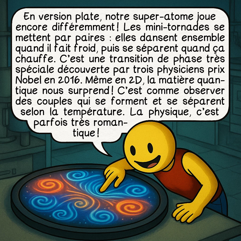 Le condensat de Bose-Einstein, case 7 : En version plate, notre super-atome joue encore différemment ! Les mini-tornades se mettent par paires : elles dansent ensemble quand il fait froid, puis se séparent quand ça chauffe. C’est une transition de phase très spéciale découverte par trois physiciens prix Nobel en 2016. Même en 2D, la matière quantique nous surprend ! C’est comme observer des couples qui se forment et se séparent selon la température. La physique, c’est parfois très romantique !