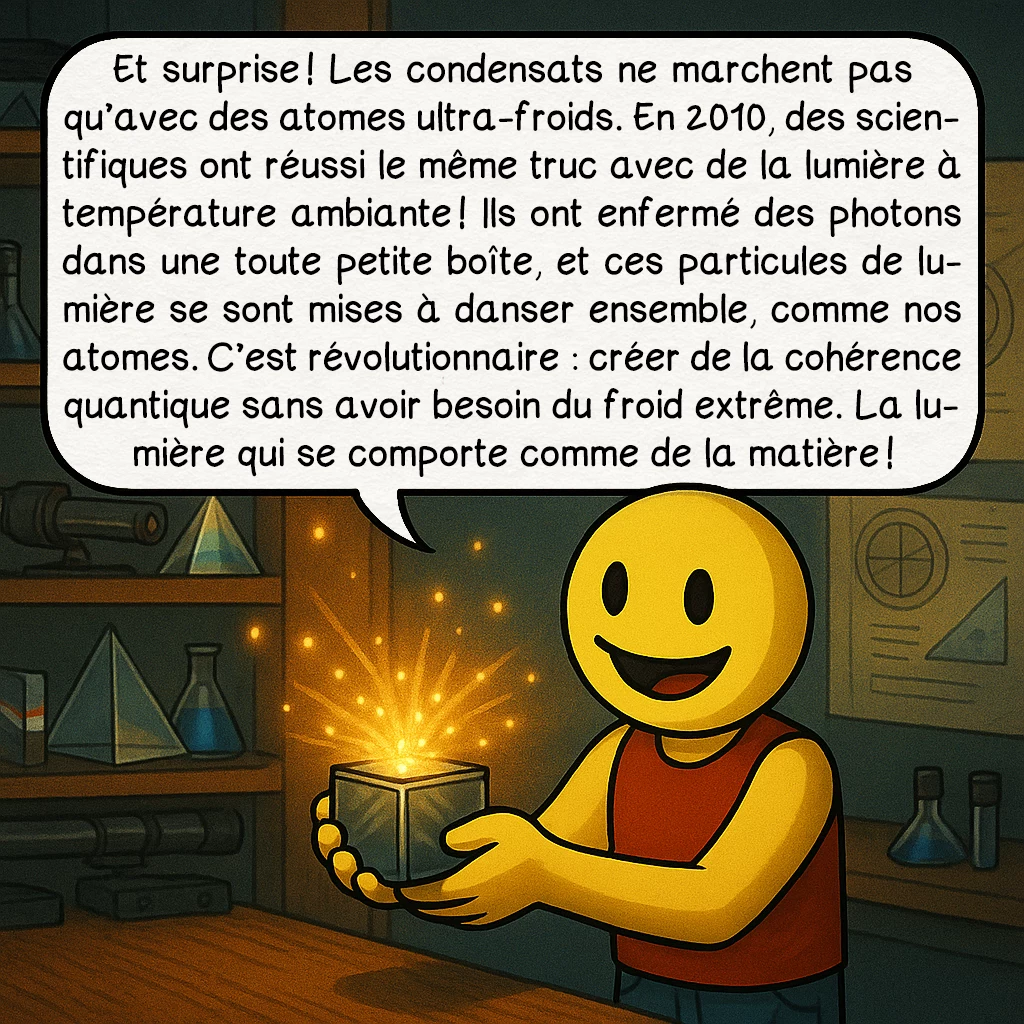 Le condensat de Bose-Einstein, case 8 : Et surprise ! Les condensats ne marchent pas qu’avec des atomes ultra-froids. En 2010, des scientifiques ont réussi le même truc avec de la lumière à température ambiante ! Ils ont enfermé des photons dans une toute petite boîte, et ces particules de lumière se sont mises à danser ensemble, comme nos atomes. C’est révolutionnaire : créer de la cohérence quantique sans avoir besoin du froid extrême. La lumière qui se comporte comme de la matière !