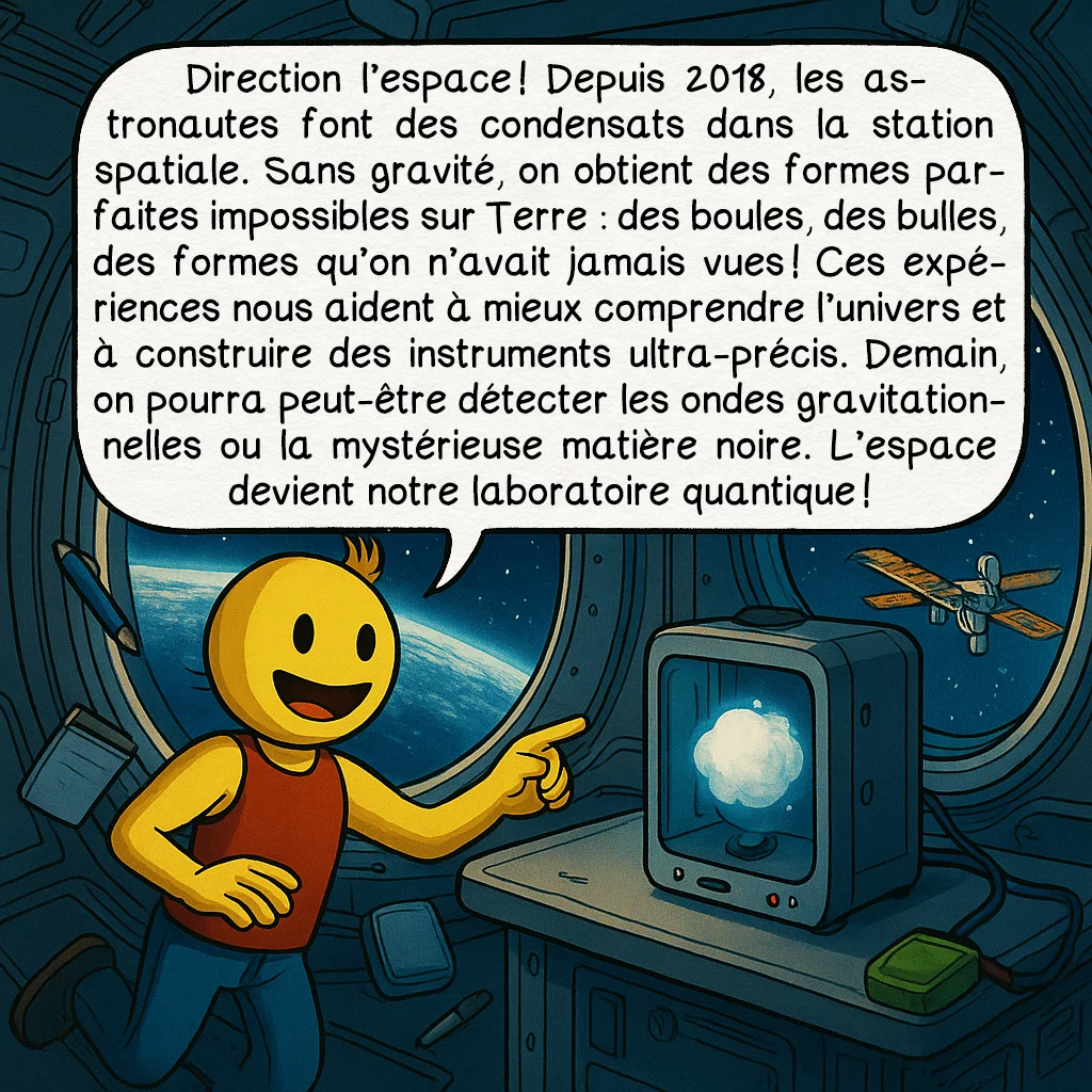 Le condensat de Bose-Einstein, case 9 : Direction l’espace ! Depuis 2018, les astronautes font des condensats dans la station spatiale. Sans gravité, on obtient des formes parfaites impossibles sur Terre : des boules, des bulles, des formes qu’on n’avait jamais vues ! Ces expériences nous aident à mieux comprendre l’univers et à construire des instruments ultra-précis. Demain, on pourra peut-être détecter les ondes gravitationnelles ou la mystérieuse matière noire. L’espace devient notre laboratoire quantique !