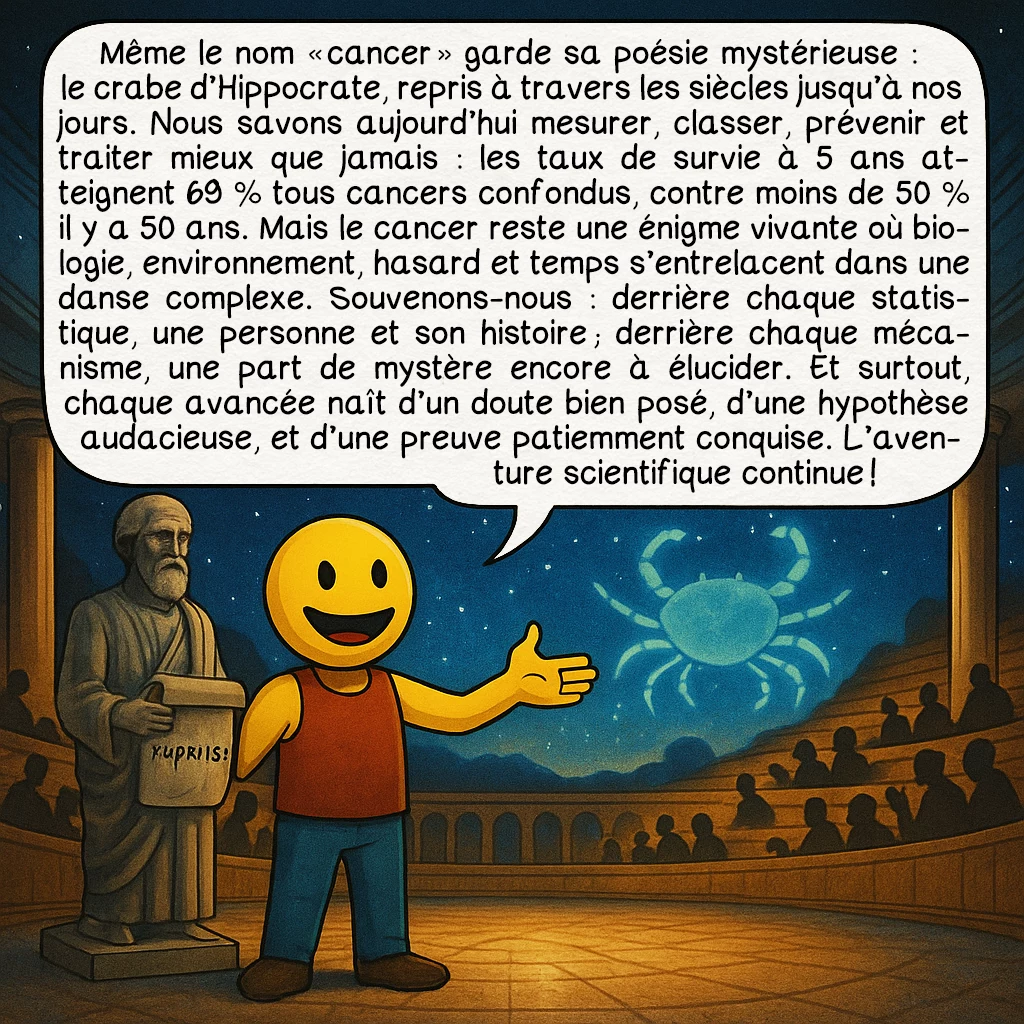 Le cancer, case 10 : Même le nom « cancer » garde sa poésie mystérieuse : le crabe d’Hippocrate, repris à travers les siècles jusqu’à nos jours. Nous savons aujourd’hui mesurer, classer, prévenir et traiter mieux que jamais : les taux de survie à 5 ans atteignent 69 % tous cancers confondus, contre moins de 50 % il y a 50 ans. Mais le cancer reste une énigme vivante où biologie, environnement, hasard et temps s’entrelacent dans une danse complexe. Souvenons-nous : derrière chaque statistique, une personne et son histoire ; derrière chaque mécanisme, une part de mystère encore à élucider. Et surtout, chaque avancée naît d’un doute bien posé, d’une hypothèse audacieuse, et d’une preuve patiemment conquise. L’aventure scientifique continue !