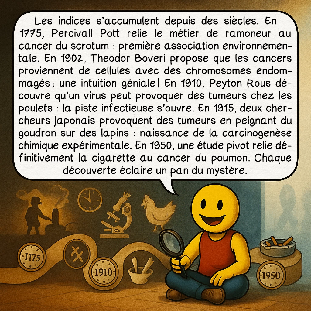 Le cancer, case 3 : Les indices s’accumulent depuis des siècles. En 1775, Percivall Pott relie le métier de ramoneur au cancer du scrotum : première association environnementale. En 1902, Theodor Boveri propose que les cancers proviennent de cellules avec des chromosomes endommagés ; une intuition géniale ! En 1910, Peyton Rous découvre qu’un virus peut provoquer des tumeurs chez les poulets : la piste infectieuse s’ouvre. En 1915, deux chercheurs japonais provoquent des tumeurs en peignant du goudron sur des lapins : naissance de la carcinogenèse chimique expérimentale. En 1950, une étude pivot relie définitivement la cigarette au cancer du poumon. Chaque découverte éclaire un pan du mystère.