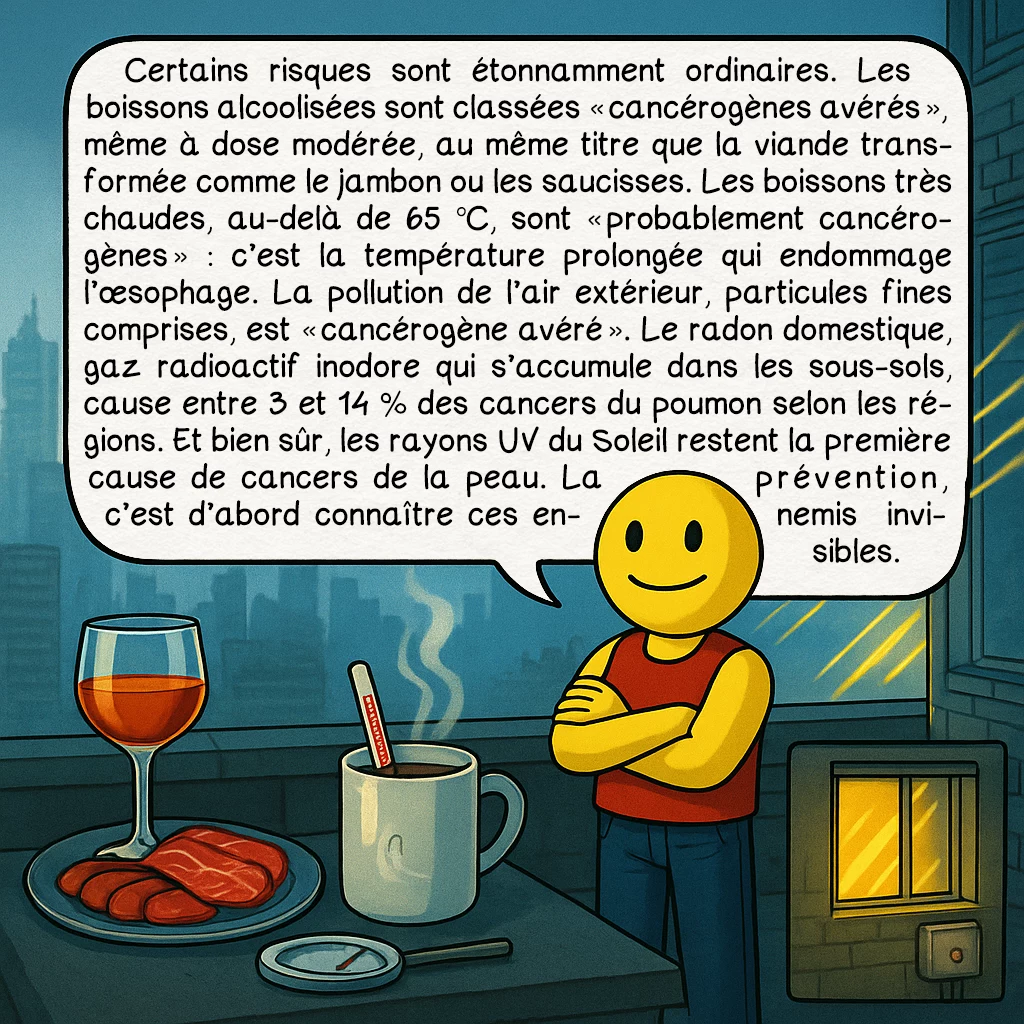 Le cancer, case 4 : Certains risques sont étonnamment ordinaires. Les boissons alcoolisées sont classées « cancérogènes avérés », même à dose modérée, au même titre que la viande transformée comme le jambon ou les saucisses. Les boissons très chaudes, au-delà de 65 °C, sont « probablement cancérogènes » : c’est la température prolongée qui endommage l’œsophage. La pollution de l’air extérieur, particules fines comprises, est « cancérogène avéré ». Le radon domestique, gaz radioactif inodore qui s’accumule dans les sous-sols, cause entre 3 et 14 % des cancers du poumon selon les régions. Et bien sûr, les rayons UV du Soleil restent la première cause de cancers de la peau. La prévention, c’est d’abord connaître ces ennemis invisibles.