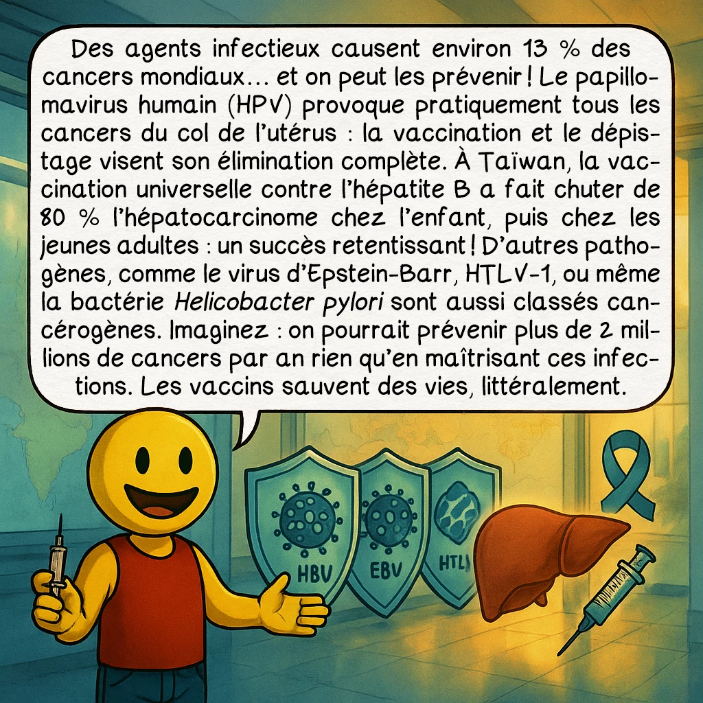 Le cancer, case 5 : Des agents infectieux causent environ 13 % des cancers mondiaux… et on peut les prévenir ! Le papillomavirus humain (HPV) provoque pratiquement tous les cancers du col de l’utérus : la vaccination et le dépistage visent son élimination complète. À Taïwan, la vaccination universelle contre l’hépatite B a fait chuter de 80 % l’hépatocarcinome chez l’enfant, puis chez les jeunes adultes : un succès retentissant ! D’autres pathogènes, comme le virus d’Epstein-Barr, HTLV-1, ou même la bactérie Helicobacter pylori sont aussi classés cancérogènes. Imaginez : on pourrait prévenir plus de 2 millions de cancers par an rien qu’en maîtrisant ces infections. Les vaccins sauvent des vies, littéralement.