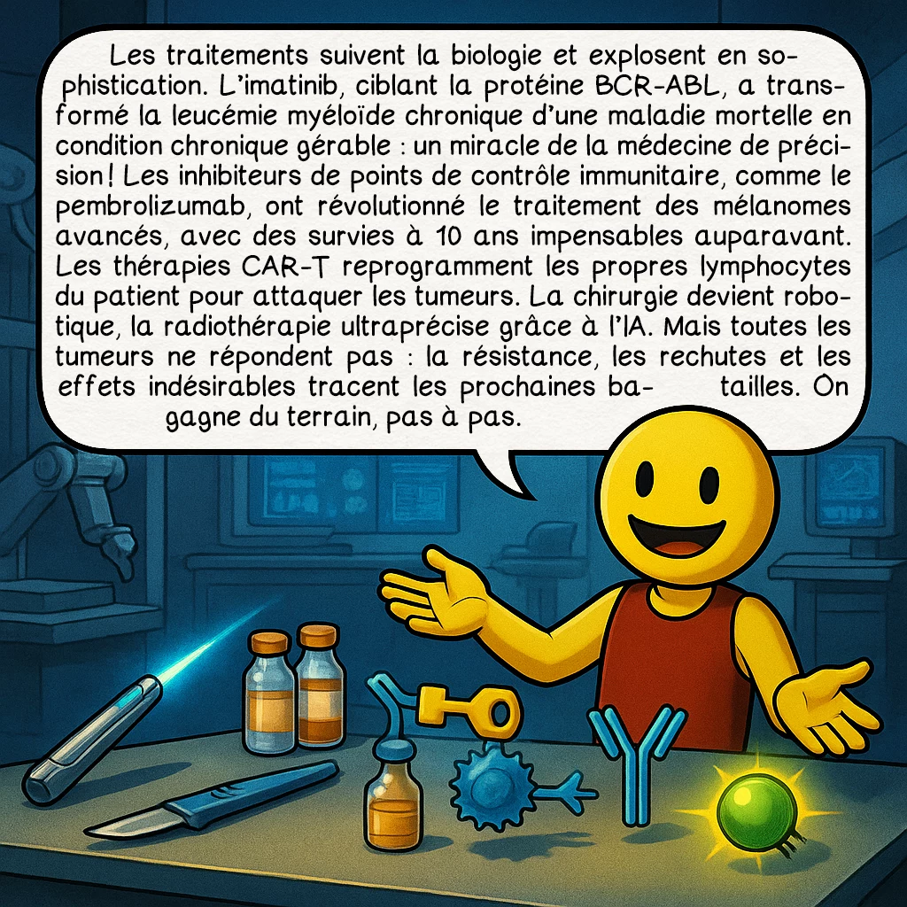 Le cancer, case 7 : Les traitements suivent la biologie et explosent en sophistication. L’imatinib, ciblant la protéine BCR-ABL, a transformé la leucémie myéloïde chronique d’une maladie mortelle en condition chronique gérable : un miracle de la médecine de précision ! Les inhibiteurs de points de contrôle immunitaire, comme le pembrolizumab, ont révolutionné le traitement des mélanomes avancés, avec des survies à 10 ans impensables auparavant. Les thérapies CAR-T reprogramment les propres lymphocytes du patient pour attaquer les tumeurs. La chirurgie devient robotique, la radiothérapie ultraprécise grâce à l’IA. Mais toutes les tumeurs ne répondent pas : la résistance, les rechutes et les effets indésirables tracent les prochaines batailles. On gagne du terrain, pas à pas.