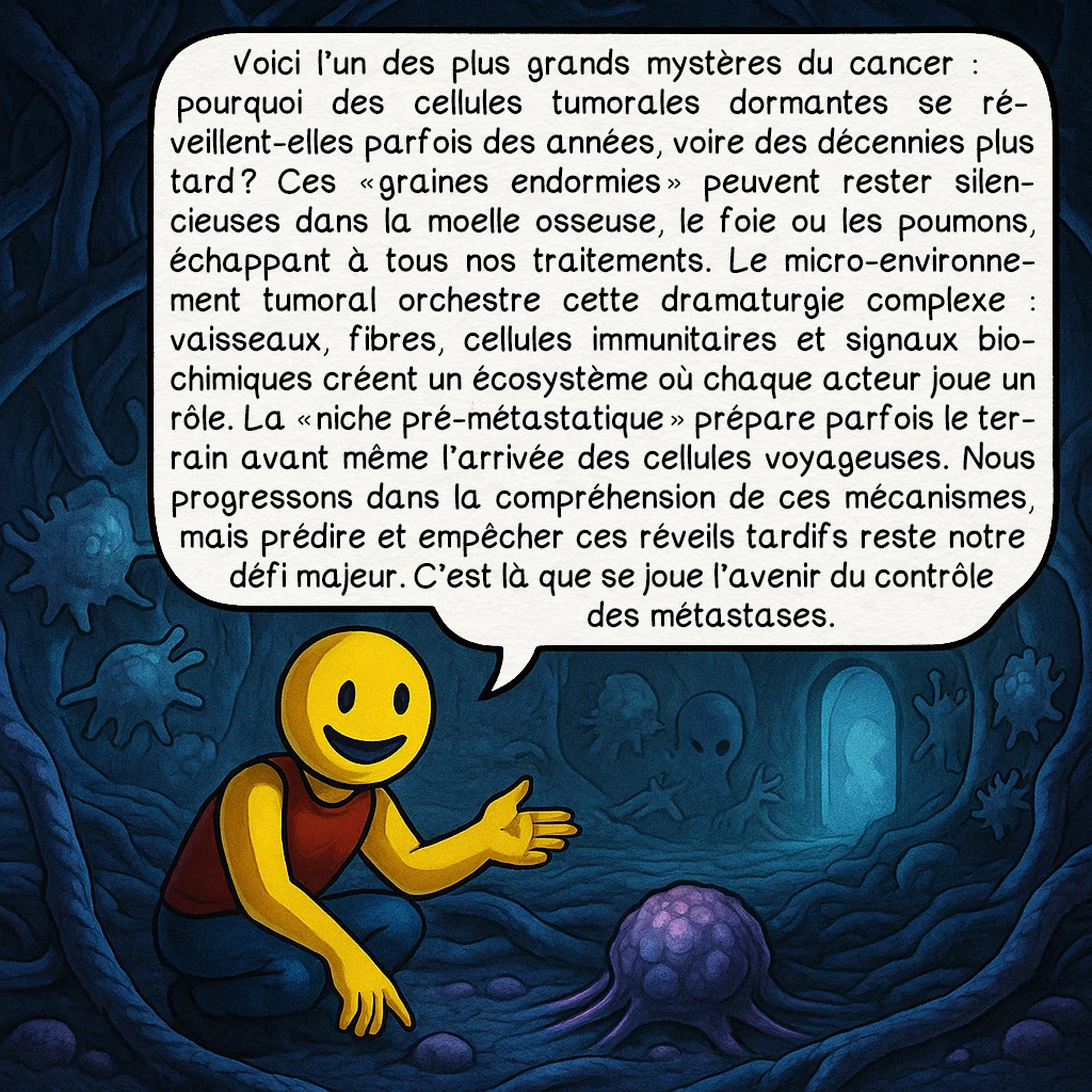 Le cancer, case 8 : Voici l’un des plus grands mystères du cancer : pourquoi des cellules tumorales dormantes se réveillent-elles parfois des années, voire des décennies plus tard ? Ces « graines endormies » peuvent rester silencieuses dans la moelle osseuse, le foie ou les poumons, échappant à tous nos traitements. Le micro-environnement tumoral orchestre cette dramaturgie complexe : vaisseaux, fibres, cellules immunitaires et signaux biochimiques créent un écosystème où chaque acteur joue un rôle. La « niche pré-métastatique » prépare parfois le terrain avant même l’arrivée des cellules voyageuses. Nous progressons dans la compréhension de ces mécanismes, mais prédire et empêcher ces réveils tardifs reste notre défi majeur. C’est là que se joue l’avenir du contrôle des métastases.