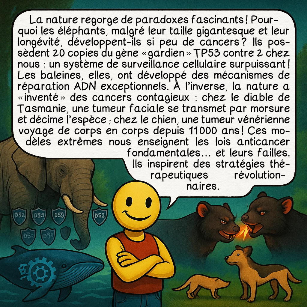 Le cancer, case 9 : La nature regorge de paradoxes fascinants ! Pourquoi les éléphants, malgré leur taille gigantesque et leur longévité, développent-ils si peu de cancers ? Ils possèdent 20 copies du gène « gardien » TP53 contre 2 chez nous : un système de surveillance cellulaire surpuissant ! Les baleines, elles, ont développé des mécanismes de réparation ADN exceptionnels. À l’inverse, la nature a « inventé » des cancers contagieux : chez le diable de Tasmanie, une tumeur faciale se transmet par morsure et décime l’espèce ; chez le chien, une tumeur vénérienne voyage de corps en corps depuis 11 000 ans ! Ces modèles extrêmes nous enseignent les lois anticancer fondamentales… et leurs failles. Ils inspirent des stratégies thérapeutiques révolutionnaires.