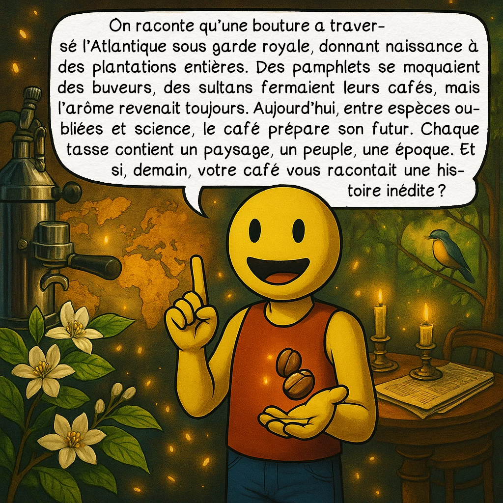 Le café, case 10 : — Anecdotes passionnantes (2) & conclusion
On raconte qu’une bouture a traversé l’Atlantique sous garde royale, donnant naissance à des plantations entières. Des pamphlets se moquaient des buveurs, des sultans fermaient leurs cafés, mais l’arôme revenait toujours. Aujourd’hui, entre espèces oubliées et science, le café prépare son futur. Chaque tasse contient un paysage, un peuple, une époque. Et si, demain, votre café vous racontait une histoire inédite ?