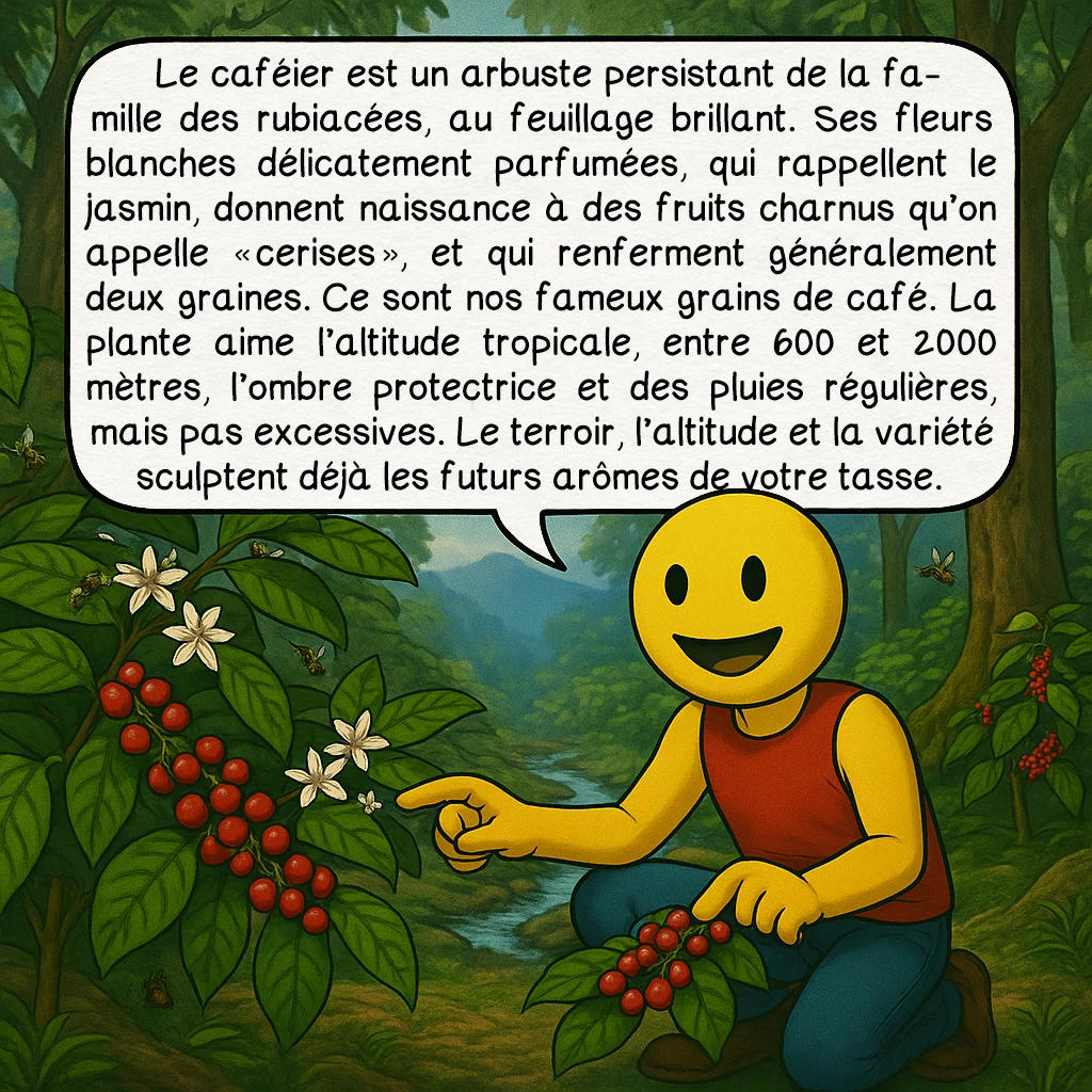 Le café, case 2 : — Description de la plante
Le caféier est un arbuste persistant de la famille des rubiacées, au feuillage brillant. Ses fleurs blanches délicatement parfumées, qui rappellent le jasmin, donnent naissance à des fruits charnus qu’on appelle « cerises », et qui renferment généralement deux graines. Ce sont nos fameux grains de café. La plante aime l’altitude tropicale, entre 600 et 2000 mètres, l’ombre protectrice et des pluies régulières, mais pas excessives. Le terroir, l’altitude et la variété sculptent déjà les futurs arômes de votre tasse.