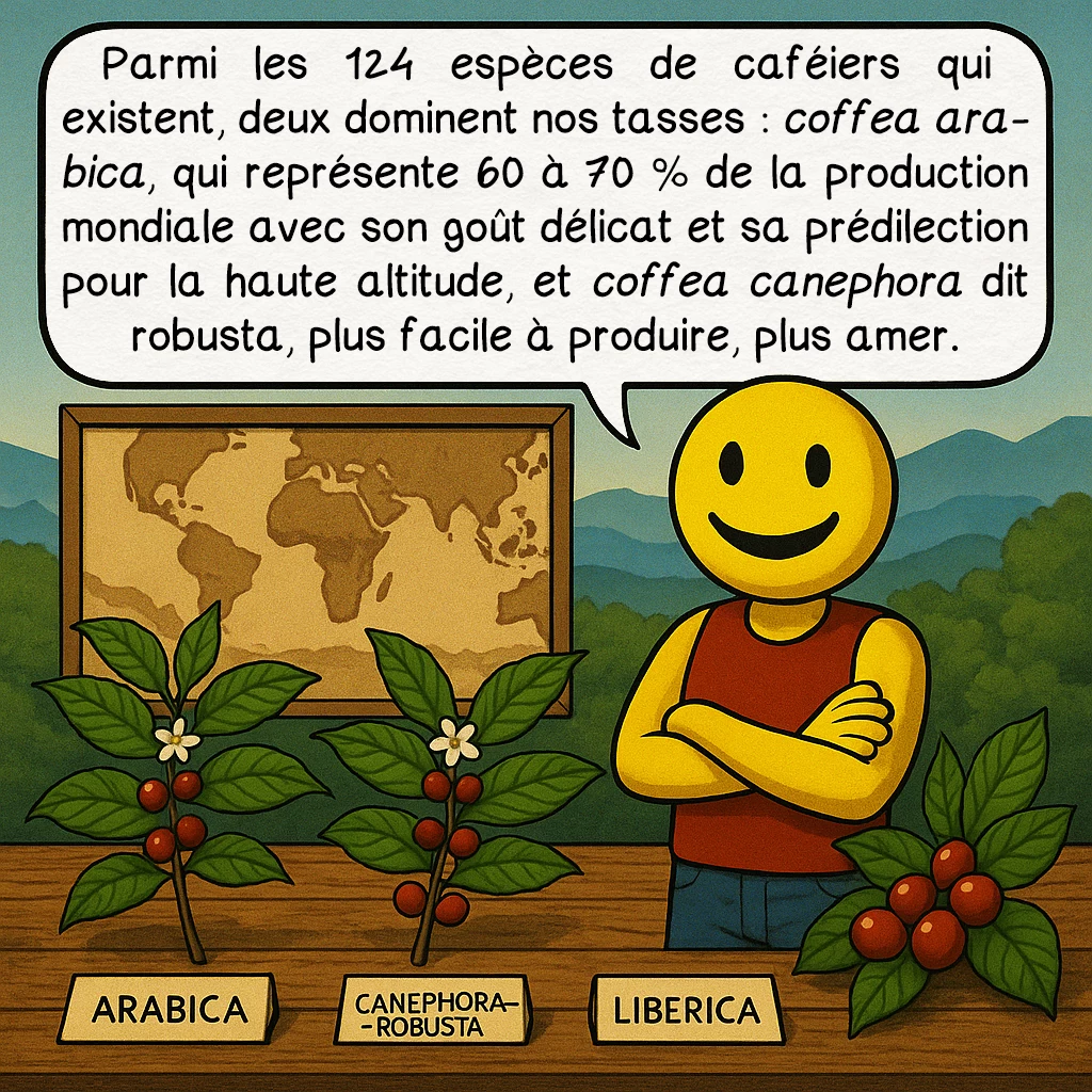 Le café, case 3 : — Description de la plante
Parmi les 124 espèces de caféiers qui existent, deux dominent nos tasses : coffea arabica, qui représente 60 à 70 % de la production mondiale avec son goût délicat et sa prédilection pour la haute altitude, et coffea canephora dit robusta, plus facile à produire, plus amer.