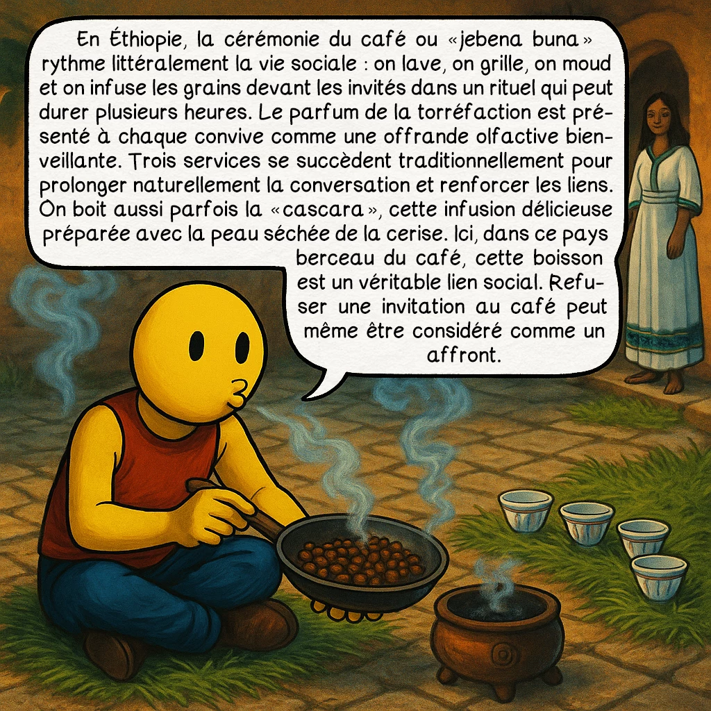 Le café, case 4 : — Son utilisation par les locaux
En Éthiopie, la cérémonie du café ou « jebena buna » rythme littéralement la vie sociale : on lave, on grille, on moud et on infuse les grains devant les invités dans un rituel qui peut durer plusieurs heures. Le parfum de la torréfaction est présenté à chaque convive comme une offrande olfactive bienveillante. Trois services se succèdent traditionnellement pour prolonger naturellement la conversation et renforcer les liens. On boit aussi parfois la « cascara », cette infusion délicieuse préparée avec la peau séchée de la cerise. Ici, dans ce pays berceau du café, cette boisson est un véritable lien social. Refuser une invitation au café peut même être considéré comme un affront.