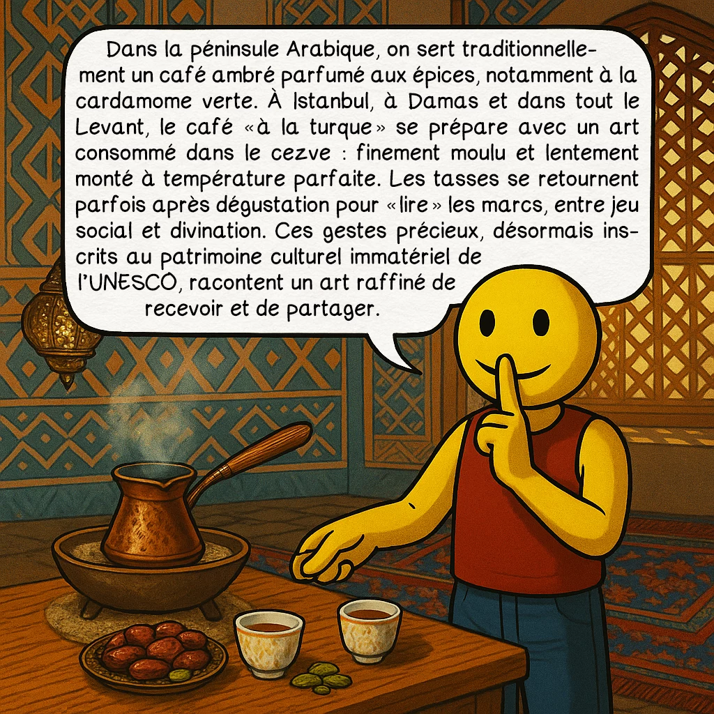 Le café, case 5 : — Son utilisation par les locaux
Dans la péninsule Arabique, on sert traditionnellement un café ambré parfumé aux épices, notamment à la cardamome verte. À Istanbul, à Damas et dans tout le Levant, le café « à la turque » se prépare avec un art consommé dans le cezve : finement moulu et lentement monté à température parfaite. Les tasses se retournent parfois après dégustation pour « lire » les marcs, entre jeu social et divination. Ces gestes précieux, désormais inscrits au patrimoine culturel immatériel de l’UNESCO, racontent un art raffiné de recevoir et de partager.