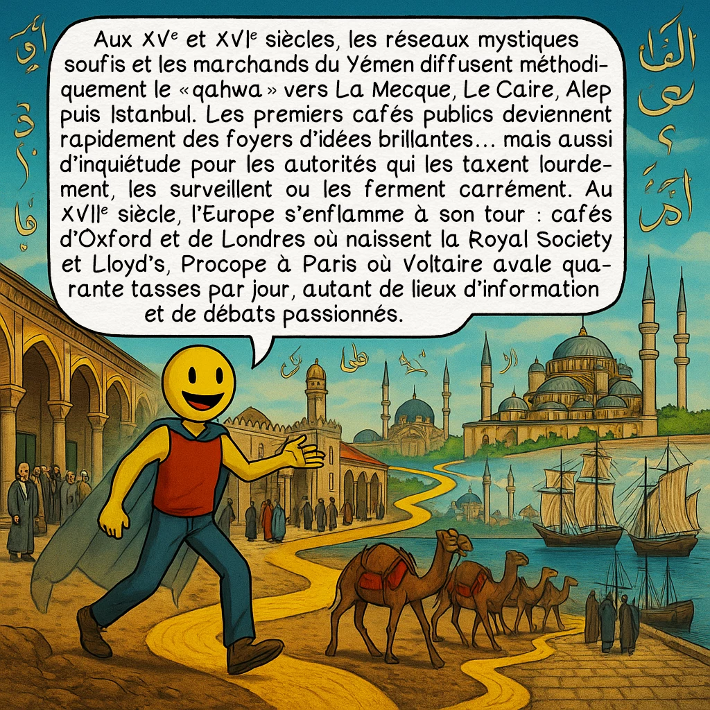 Le café, case 6 : — Histoire & développement moderne
Aux XVe et XVIe siècles, les réseaux mystiques soufis et les marchands du Yémen diffusent méthodiquement le « qahwa » vers La Mecque, Le Caire, Alep puis Istanbul. Les premiers cafés publics deviennent rapidement des foyers d’idées brillantes… mais aussi d’inquiétude pour les autorités qui les taxent lourdement, les surveillent ou les ferment carrément. Au XVIIe siècle, l’Europe s’enflamme à son tour : cafés d’Oxford et de Londres où naissent la Royal Society et Lloyd’s, Procope à Paris où Voltaire avale quarante tasses par jour, autant de lieux d’information et de débats passionnés.