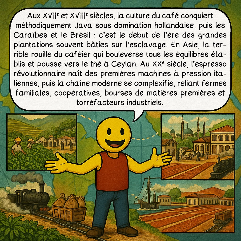 Le café, case 7 : — Histoire & développement moderne
Aux XVIIe et XVIIIe siècles, la culture du café conquiert méthodiquement Java sous domination hollandaise, puis les Caraïbes et le Brésil : c’est le début de l’ère des grandes plantations souvent bâties sur l’esclavage. En Asie, la terrible rouille du caféier qui bouleverse tous les équilibres établis et pousse vers le thé à Ceylan. Au XXe siècle, l’espresso révolutionnaire naît des premières machines à pression italiennes, puis la chaîne moderne se complexifie, reliant fermes familiales, coopératives, bourses de matières premières et torréfacteurs industriels.