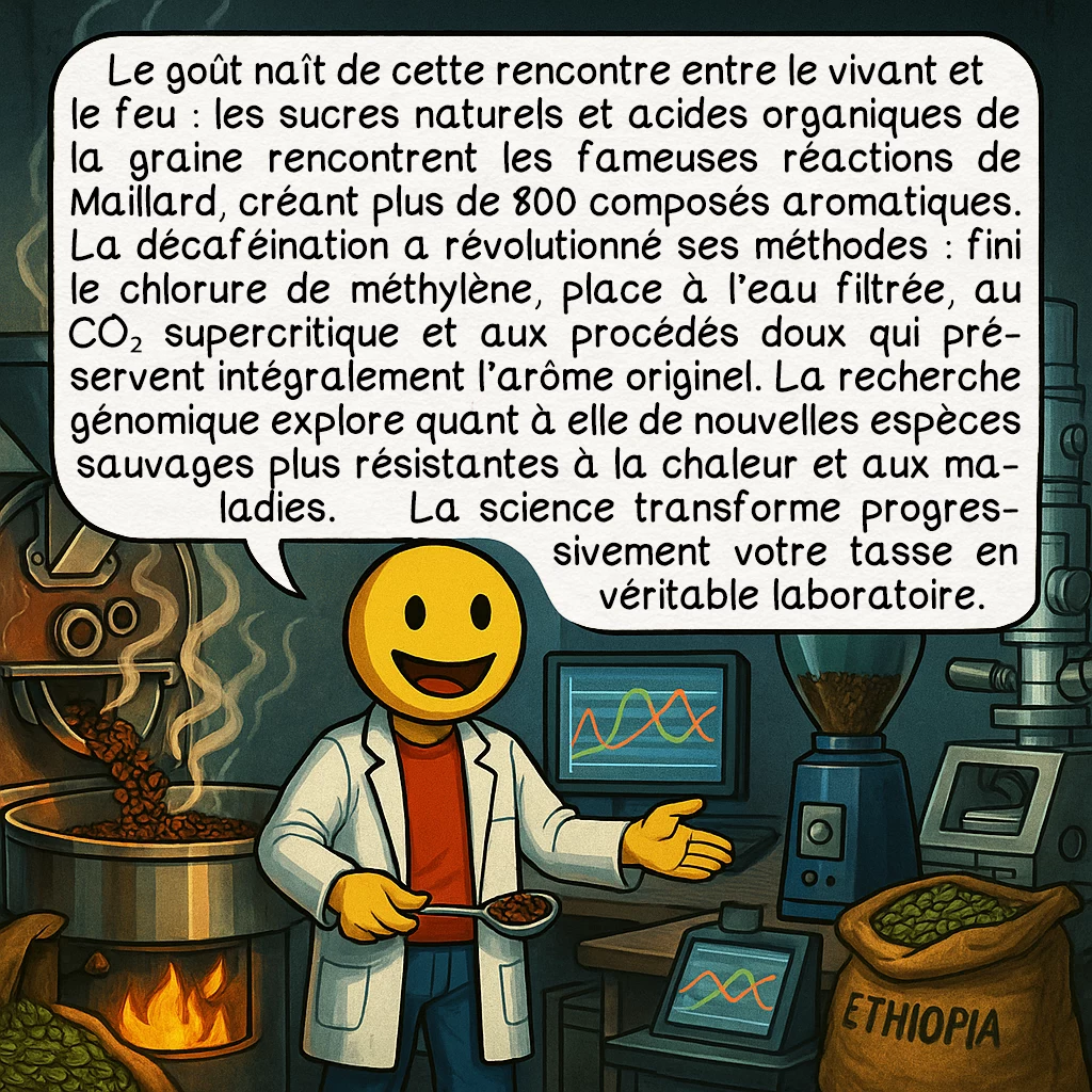 Le café, case 8 : — Histoire & développement moderne
Le goût naît de cette rencontre entre le vivant et le feu : les sucres naturels et acides organiques de la graine rencontrent les fameuses réactions de Maillard, créant plus de 800 composés aromatiques. La décaféination a révolutionné ses méthodes : fini le chlorure de méthylène, place à l’eau filtrée, au CO₂ supercritique et aux procédés doux qui préservent intégralement l’arôme originel. La recherche génomique explore quant à elle de nouvelles espèces sauvages plus résistantes à la chaleur et aux maladies. La science transforme progressivement votre tasse en véritable laboratoire.