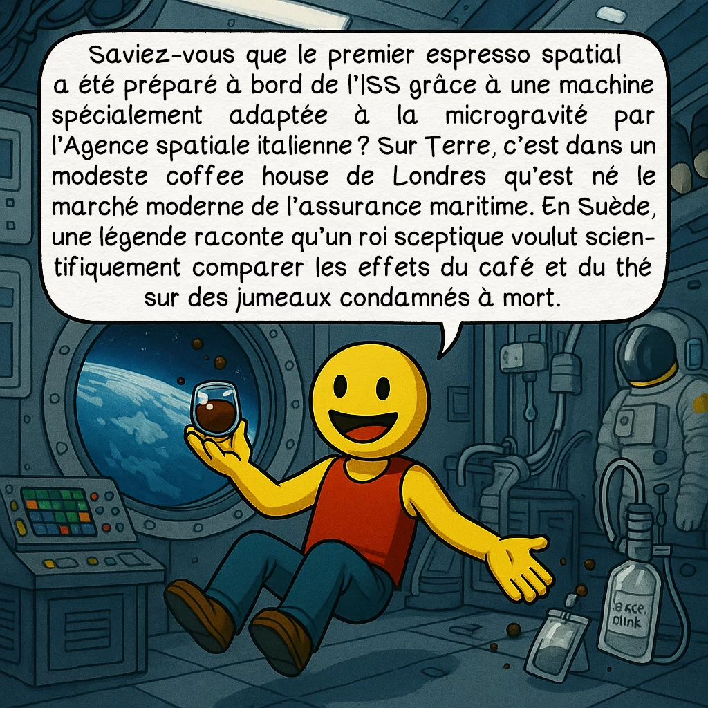 Le café, case 9 : — Anecdotes passionnantes (1)
Saviez-vous que le premier espresso spatial a été préparé à bord de l’ISS grâce à une machine spécialement adaptée à la microgravité par l’Agence spatiale italienne ? Sur Terre, c’est dans un modeste coffee house de Londres qu’est né le marché moderne de l’assurance maritime. En Suède, une légende raconte qu’un roi sceptique voulut scientifiquement comparer les effets du café et du thé sur des jumeaux condamnés à mort.