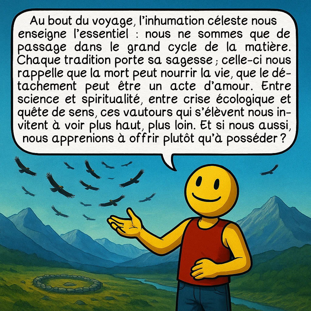 L’inhumation céleste, case 10 : Au bout du voyage, l’inhumation céleste nous enseigne l’essentiel : nous ne sommes que de passage dans le grand cycle de la matière. Chaque tradition porte sa sagesse ; celle-ci nous rappelle que la mort peut nourrir la vie, que le détachement peut être un acte d’amour. Entre science et spiritualité, entre crise écologique et quête de sens, ces vautours qui s’élèvent nous invitent à voir plus haut, plus loin. Et si nous aussi, nous apprenions à offrir plutôt qu’à posséder ?