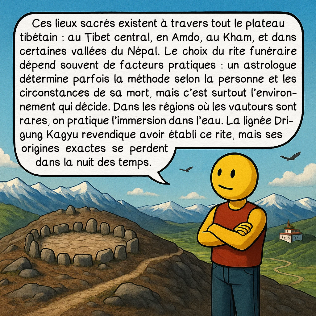 L’inhumation céleste, case 2 : Ces lieux sacrés existent à travers tout le plateau tibétain : au Tibet central, en Amdo, au Kham, et dans certaines vallées du Népal. Le choix du rite funéraire dépend souvent de facteurs pratiques : un astrologue détermine parfois la méthode selon la personne et les circonstances de sa mort, mais c’est surtout l’environnement qui décide. Dans les régions où les vautours sont rares, on pratique l’immersion dans l’eau. La lignée Drigung Kagyu revendique avoir établi ce rite, mais ses origines exactes se perdent dans la nuit des temps.