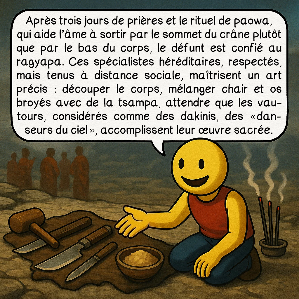L’inhumation céleste, case 3 : Après trois jours de prières et le rituel de paowa, qui aide l’âme à sortir par le sommet du crâne plutôt que par le bas du corps, le défunt est confié au ragyapa. Ces spécialistes héréditaires, respectés, mais tenus à distance sociale, maîtrisent un art précis : découper le corps, mélanger chair et os broyés avec de la tsampa, attendre que les vautours, considérés comme des dakinis, des « danseurs du ciel », accomplissent leur œuvre sacrée.