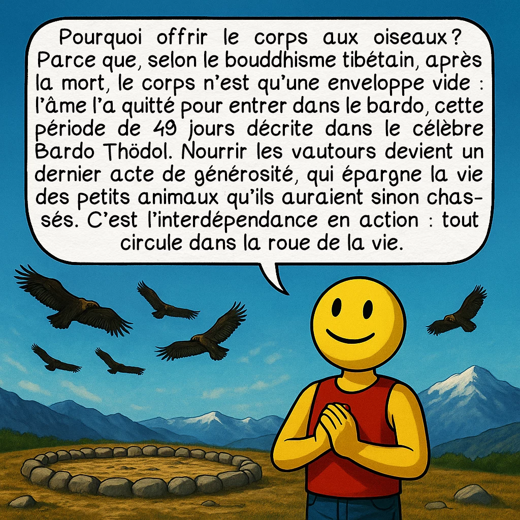 L’inhumation céleste, case 4 : Pourquoi offrir le corps aux oiseaux ? Parce que, selon le bouddhisme tibétain, après la mort, le corps n’est qu’une enveloppe vide : l’âme l’a quitté pour entrer dans le bardo, cette période de 49 jours décrite dans le célèbre Bardo Thödol. Nourrir les vautours devient un dernier acte de générosité, qui épargne la vie des petits animaux qu’ils auraient sinon chassés. C’est l’interdépendance en action : tout circule dans la roue de la vie.