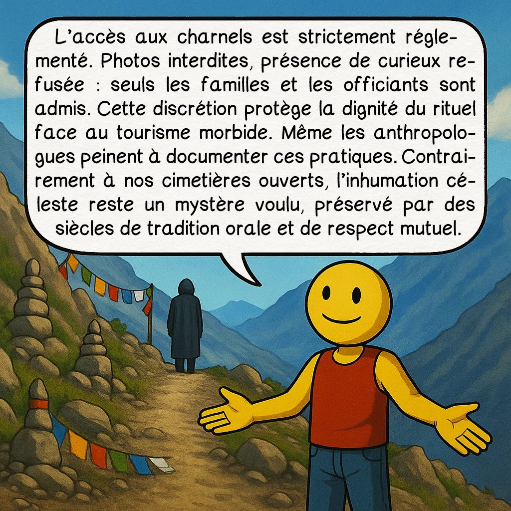 L’inhumation céleste, case 6 : L’accès aux charnels est strictement réglementé. Photos interdites, présence de curieux refusée : seuls les familles et les officiants sont admis. Cette discrétion protège la dignité du rituel face au tourisme morbide. Même les anthropologues peinent à documenter ces pratiques. Contrairement à nos cimetières ouverts, l’inhumation céleste reste un mystère voulu, préservé par des siècles de tradition orale et de respect mutuel.