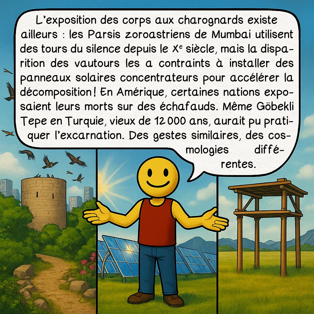 L’inhumation céleste, case 7 : L’exposition des corps aux charognards existe ailleurs : les Parsis zoroastriens de Mumbai utilisent des tours du silence depuis le Xe siècle, mais la disparition des vautours les a contraints à installer des panneaux solaires concentrateurs pour accélérer la décomposition ! En Amérique, certaines nations exposaient leurs morts sur des échafauds. Même Göbekli Tepe en Turquie, vieux de 12 000 ans, aurait pu pratiquer l’excarnation. Des gestes similaires, des cosmologies différentes.