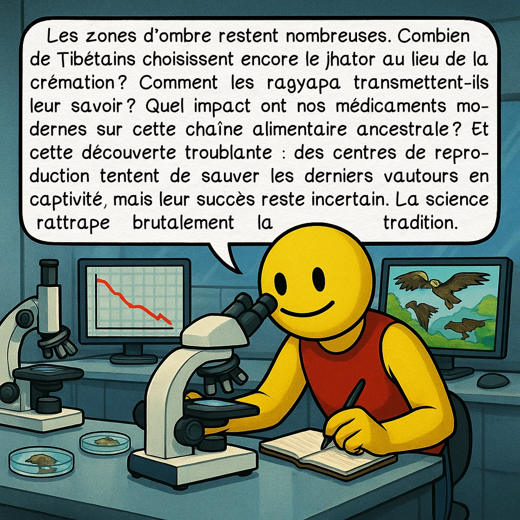 L’inhumation céleste, case 8 : Les zones d’ombre restent nombreuses. Combien de Tibétains choisissent encore le jhator au lieu de la crémation ? Comment les ragyapa transmettent-ils leur savoir ? Quel impact ont nos médicaments modernes sur cette chaîne alimentaire ancestrale ? Et cette découverte troublante : des centres de reproduction tentent de sauver les derniers vautours en captivité, mais leur succès reste incertain. La science rattrape brutalement la tradition.