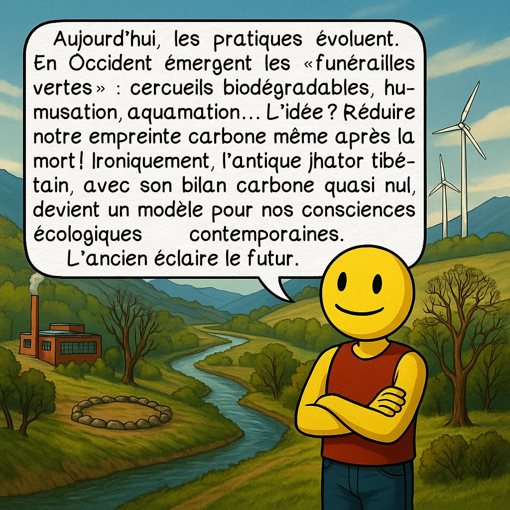 L’inhumation céleste, case 9 : Aujourd’hui, les pratiques évoluent. En Occident émergent les « funérailles vertes » : cercueils biodégradables, humusation, aquamation… L’idée ? Réduire notre empreinte carbone même après la mort ! Ironiquement, l’antique jhator tibétain, avec son bilan carbone quasi nul, devient un modèle pour nos consciences écologiques contemporaines. L’ancien éclaire le futur.