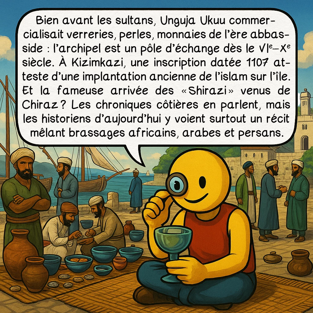 Zanzibar, case 2 : Bien avant les sultans, Unguja Ukuu commercialisait verreries, perles, monnaies de l’ère abbasside : l’archipel est un pôle d’échange dès le VIe–Xe siècle. À Kizimkazi, une inscription datée 1107 atteste d’une implantation ancienne de l’islam sur l’île. Et la fameuse arrivée des « Shirazi » venus de Chiraz ? Les chroniques côtières en parlent, mais les historiens d’aujourd’hui y voient surtout un récit mêlant brassages africains, arabes et persans.