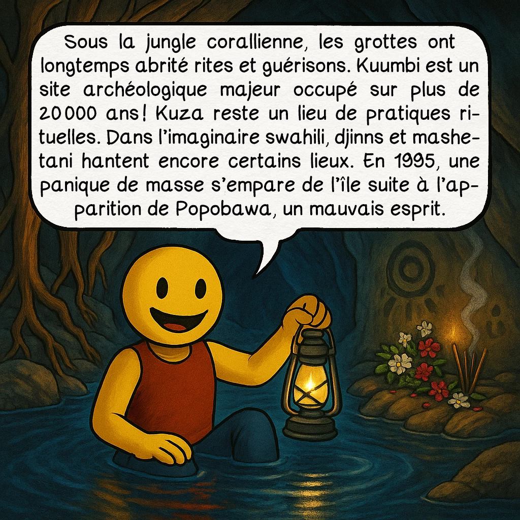 Zanzibar, case 3 : Sous la jungle corallienne, les grottes ont longtemps abrité rites et guérisons. Kuumbi est un site archéologique majeur occupé sur plus de 20 000 ans ! Kuza reste un lieu de pratiques rituelles. Dans l’imaginaire swahili, djinns et mashetani hantent encore certains lieux. En 1995, une panique de masse s’empare de l’île suite à l’apparition de Popobawa, un mauvais esprit.