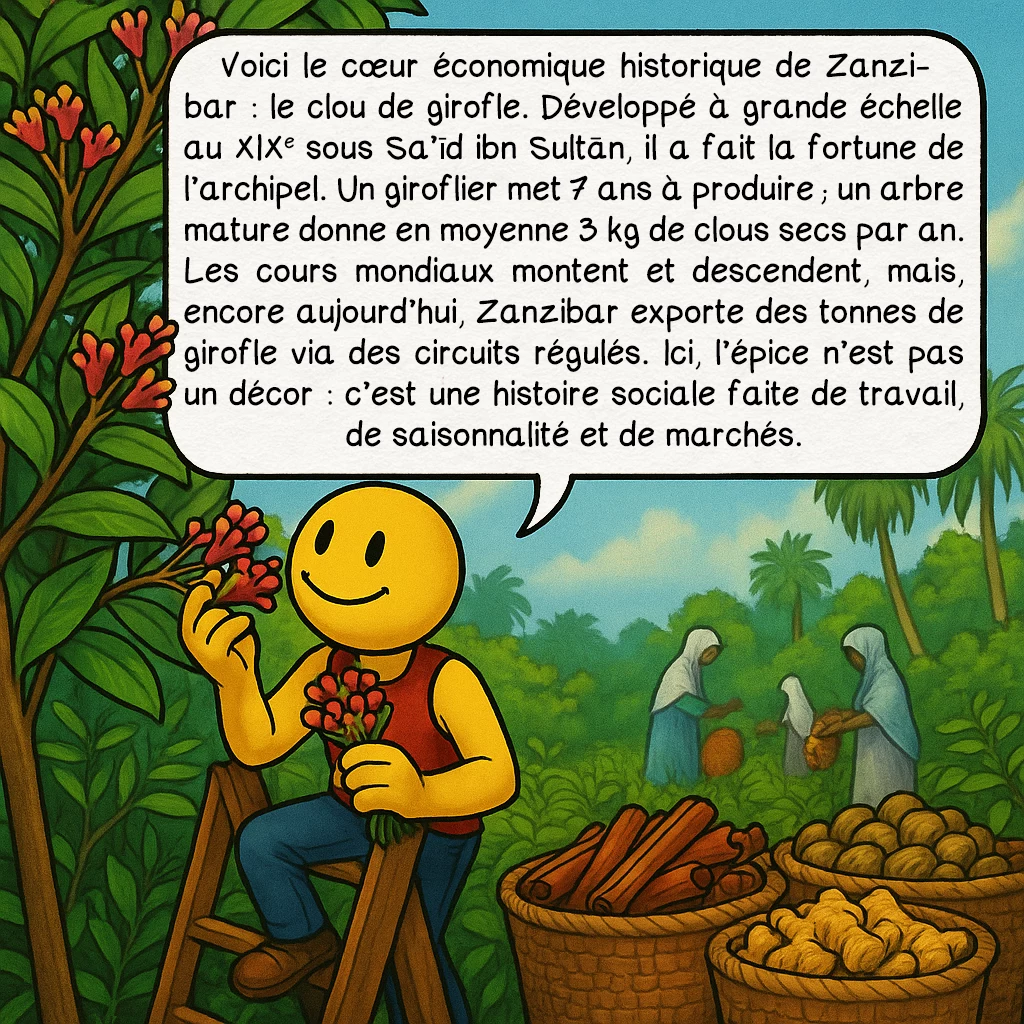 Zanzibar, case 4 : Voici le cœur économique historique de Zanzibar : le clou de girofle. Développé à grande échelle au XIXe sous Saʿīd ibn Sulṭān, il a fait la fortune de l’archipel. Un giroflier met 7 ans à produire ; un arbre mature donne en moyenne 3 kg de clous secs par an. Les cours mondiaux montent et descendent, mais, encore aujourd’hui, Zanzibar exporte des tonnes de girofle via des circuits régulés. Ici, l’épice n’est pas un décor : c’est une histoire sociale faite de travail, de saisonnalité et de marchés.