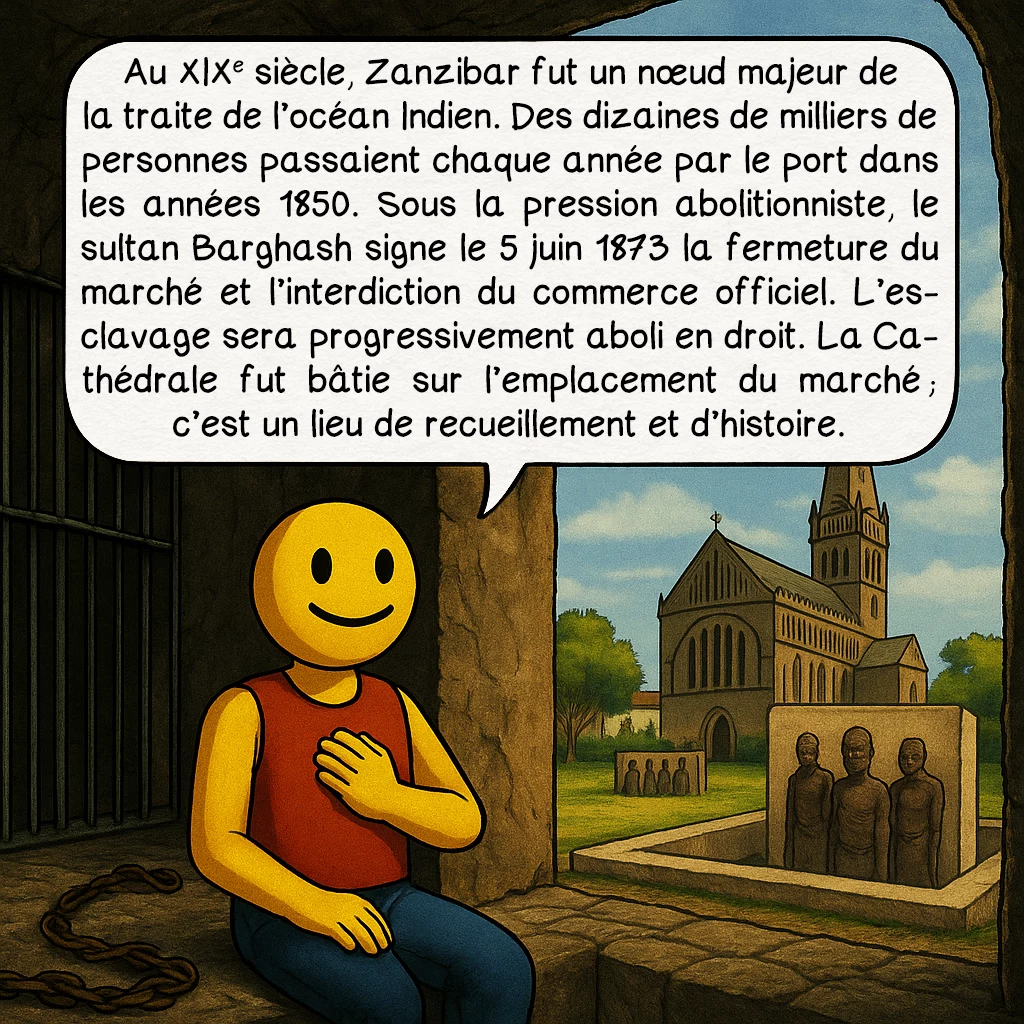 Zanzibar, case 5 : Au XIXe siècle, Zanzibar fut un nœud majeur de la traite de l’océan Indien. Des dizaines de milliers de personnes passaient chaque année par le port dans les années 1850. Sous la pression abolitionniste, le sultan Barghash signe le 5 juin 1873 la fermeture du marché et l’interdiction du commerce officiel. L’esclavage sera progressivement aboli en droit. La Cathédrale fut bâtie sur l’emplacement du marché ; c’est un lieu de recueillement et d’histoire.