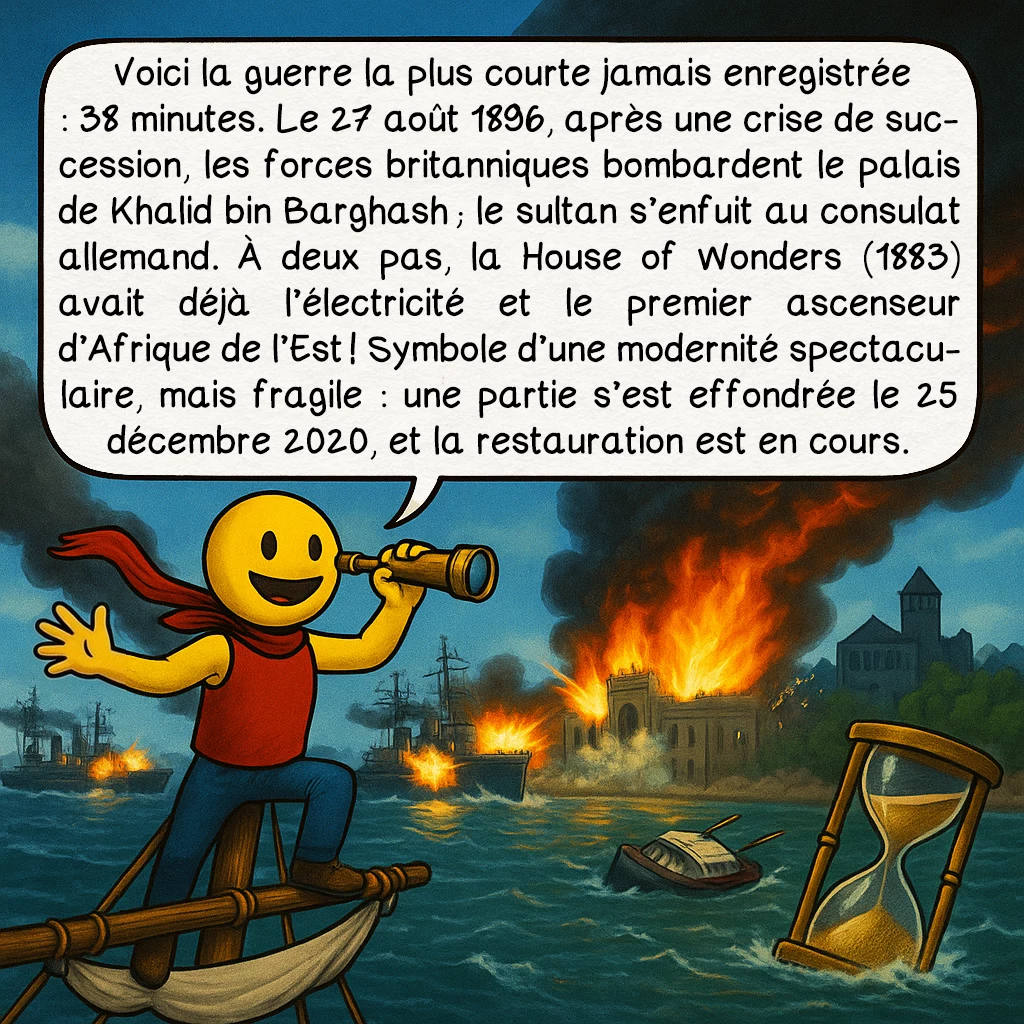 Zanzibar, case 6 : Voici la guerre la plus courte jamais enregistrée : 38 minutes. Le 27 août 1896, après une crise de succession, les forces britanniques bombardent le palais de Khalid bin Barghash ; le sultan s’enfuit au consulat allemand. À deux pas, la House of Wonders (1883) avait déjà l’électricité et le premier ascenseur d’Afrique de l’Est ! Symbole d’une modernité spectaculaire, mais fragile : une partie s’est effondrée le 25 décembre 2020, et la restauration est en cours.