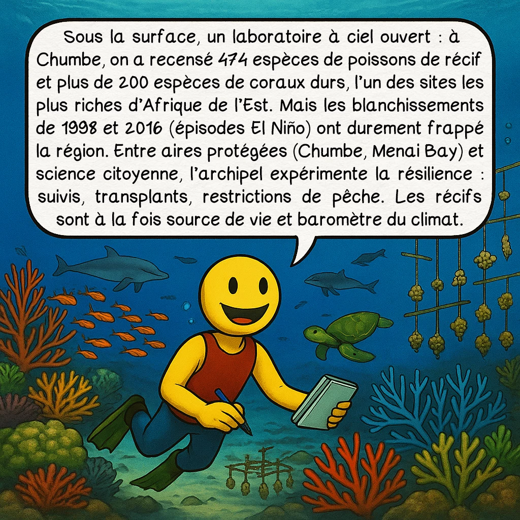 Zanzibar, case 7 : Sous la surface, un laboratoire à ciel ouvert : à Chumbe, on a recensé 474 espèces de poissons de récif et plus de 200 espèces de coraux durs, l’un des sites les plus riches d’Afrique de l’Est. Mais les blanchissements de 1998 et 2016 (épisodes El Niño) ont durement frappé la région. Entre aires protégées (Chumbe, Menai Bay) et science citoyenne, l’archipel expérimente la résilience : suivis, transplants, restrictions de pêche. Les récifs sont à la fois source de vie et baromètre du climat.