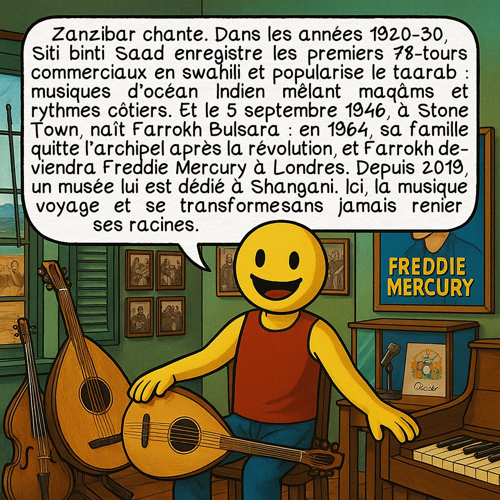 Zanzibar, case 8 : Zanzibar chante. Dans les années 1920-30, Siti binti Saad enregistre les premiers 78-tours commerciaux en swahili et popularise le taarab : musiques d’océan Indien mêlant maqâms et rythmes côtiers. Et le 5 septembre 1946, à Stone Town, naît Farrokh Bulsara : en 1964, sa famille quitte l’archipel après la révolution, et Farrokh deviendra Freddie Mercury à Londres. Depuis 2019, un musée lui est dédié à Shangani. Ici, la musique voyage et se transforme sans jamais renier ses racines.