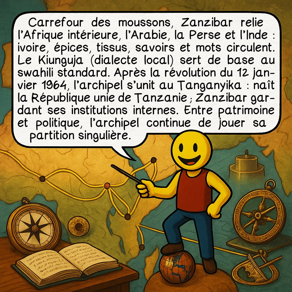 Zanzibar, case 9 : Carrefour des moussons, Zanzibar relie l’Afrique intérieure, l’Arabie, la Perse et l’Inde : ivoire, épices, tissus, savoirs et mots circulent. Le Kiunguja (dialecte local) sert de base au swahili standard. Après la révolution du 12 janvier 1964, l’archipel s’unit au Tanganyika : naît la République unie de Tanzanie ; Zanzibar gardant ses institutions internes. Entre patrimoine et politique, l’archipel continue de jouer sa partition singulière.